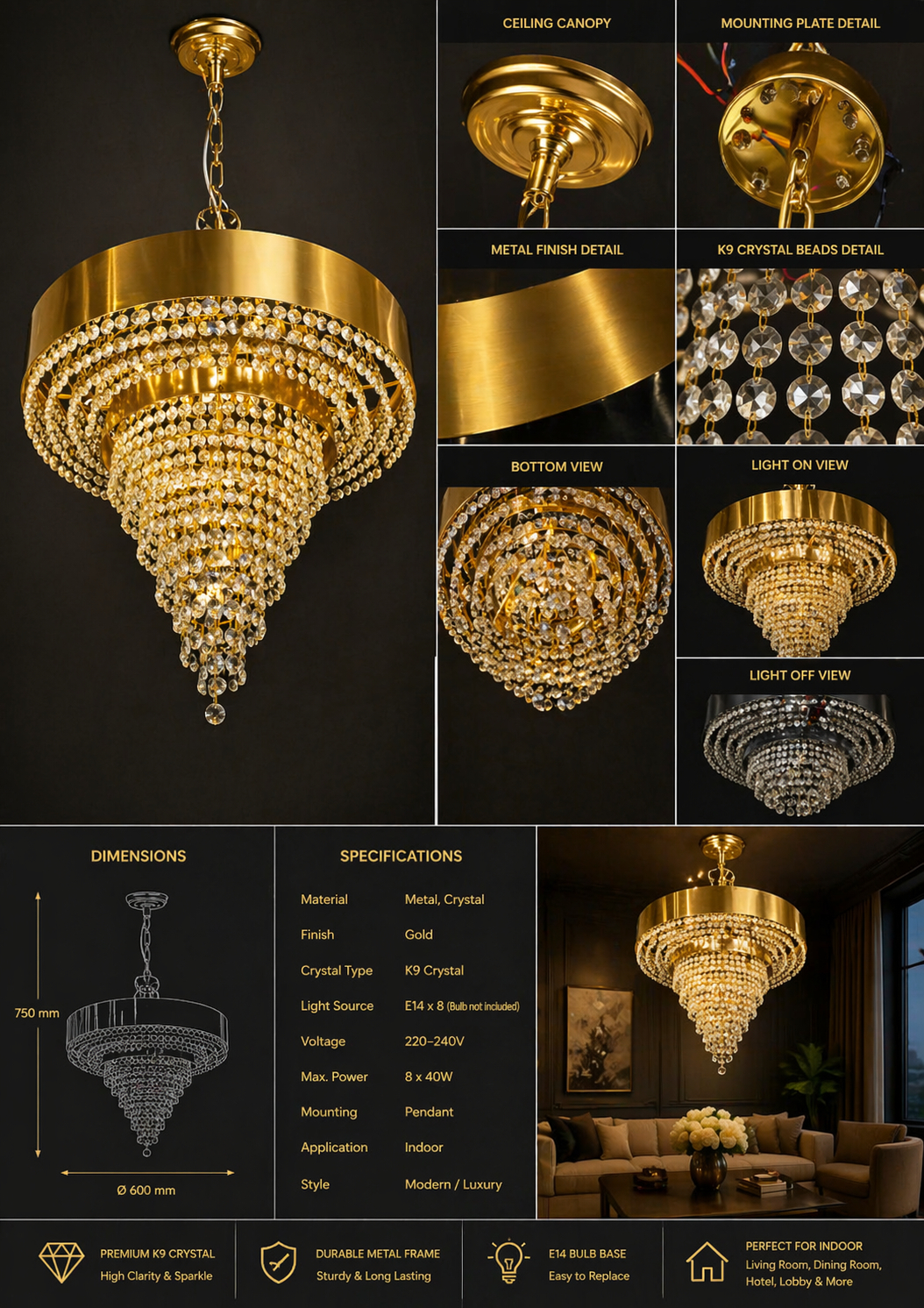Beyond Lights - Gold Crystal Chandelier