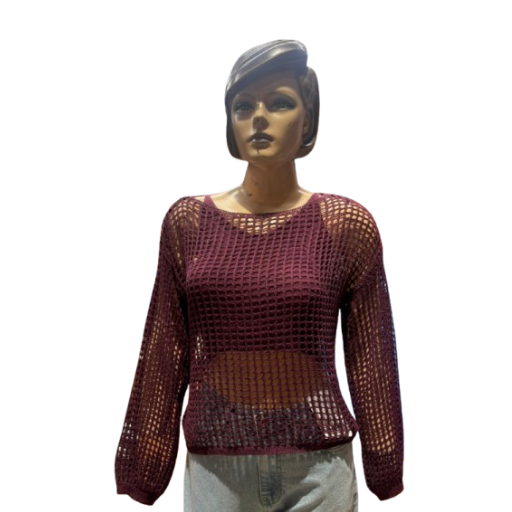 Girlfriend - Burgundy Open-Knit Mesh Sweater