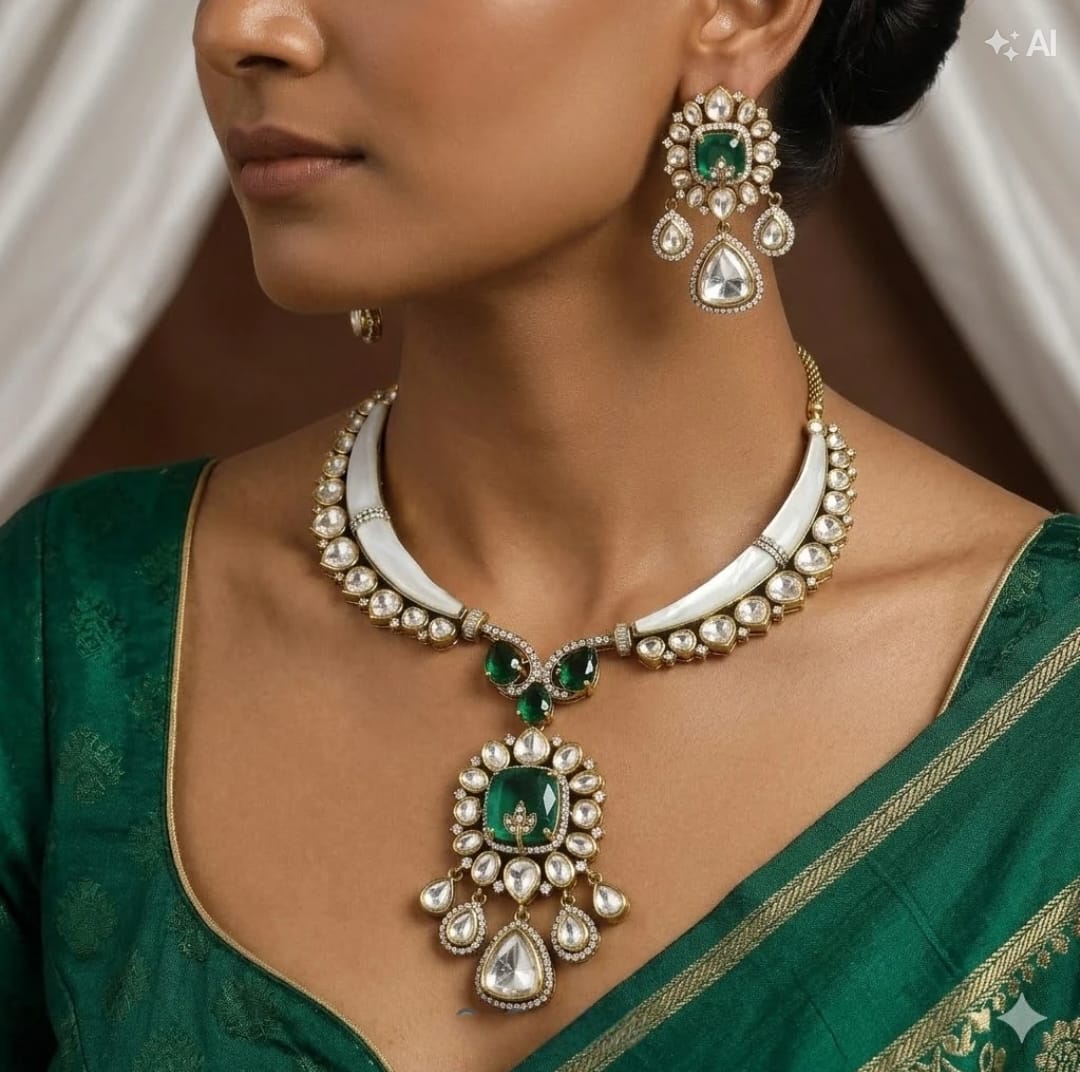 Goutam Jewellers By Ashok Rathod - Royal Mother of pearl Polki necklace set with Emeralds