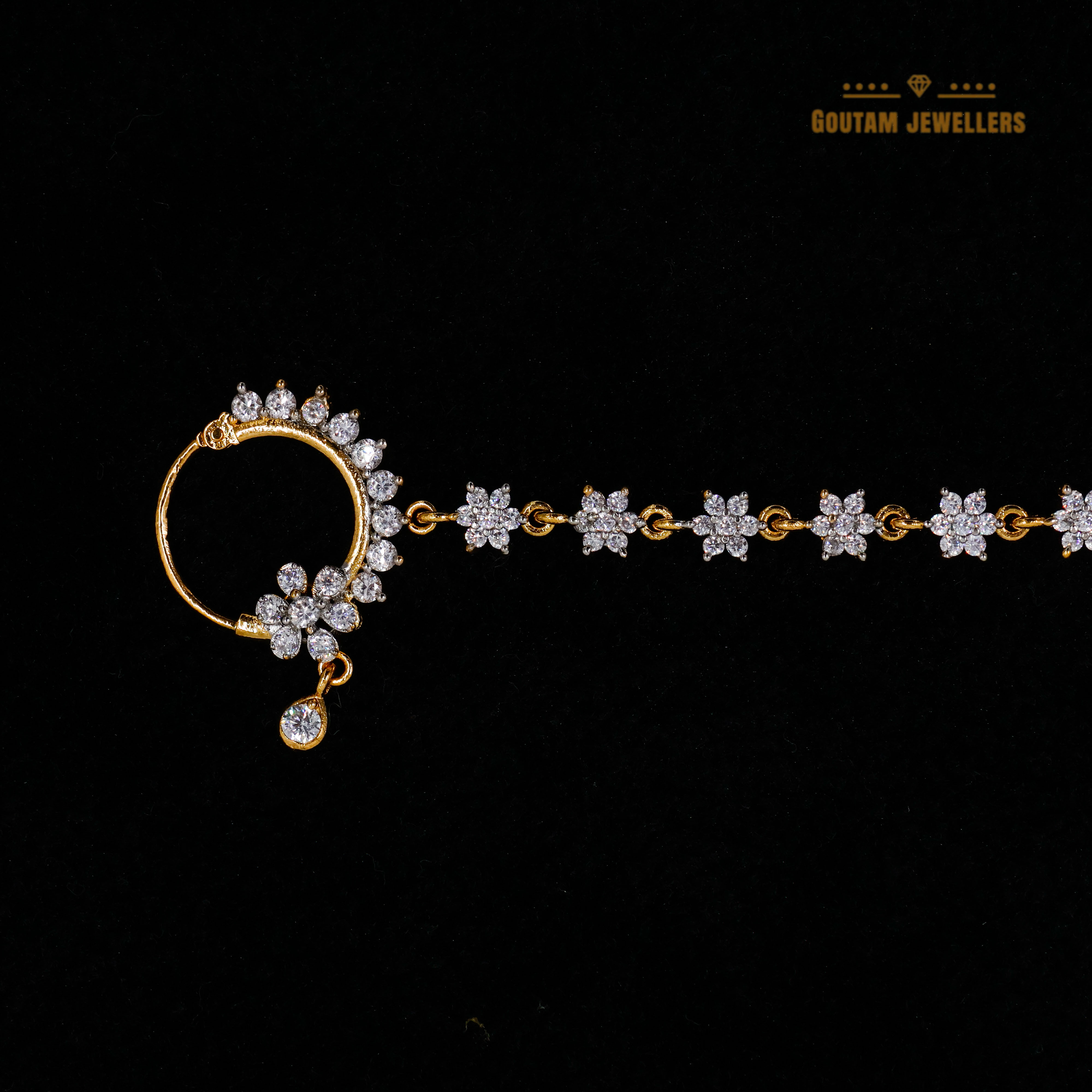 Goutam Jewellers By Ashok Rathod - CZ Flower design Full Stone High Gold Polish Nath