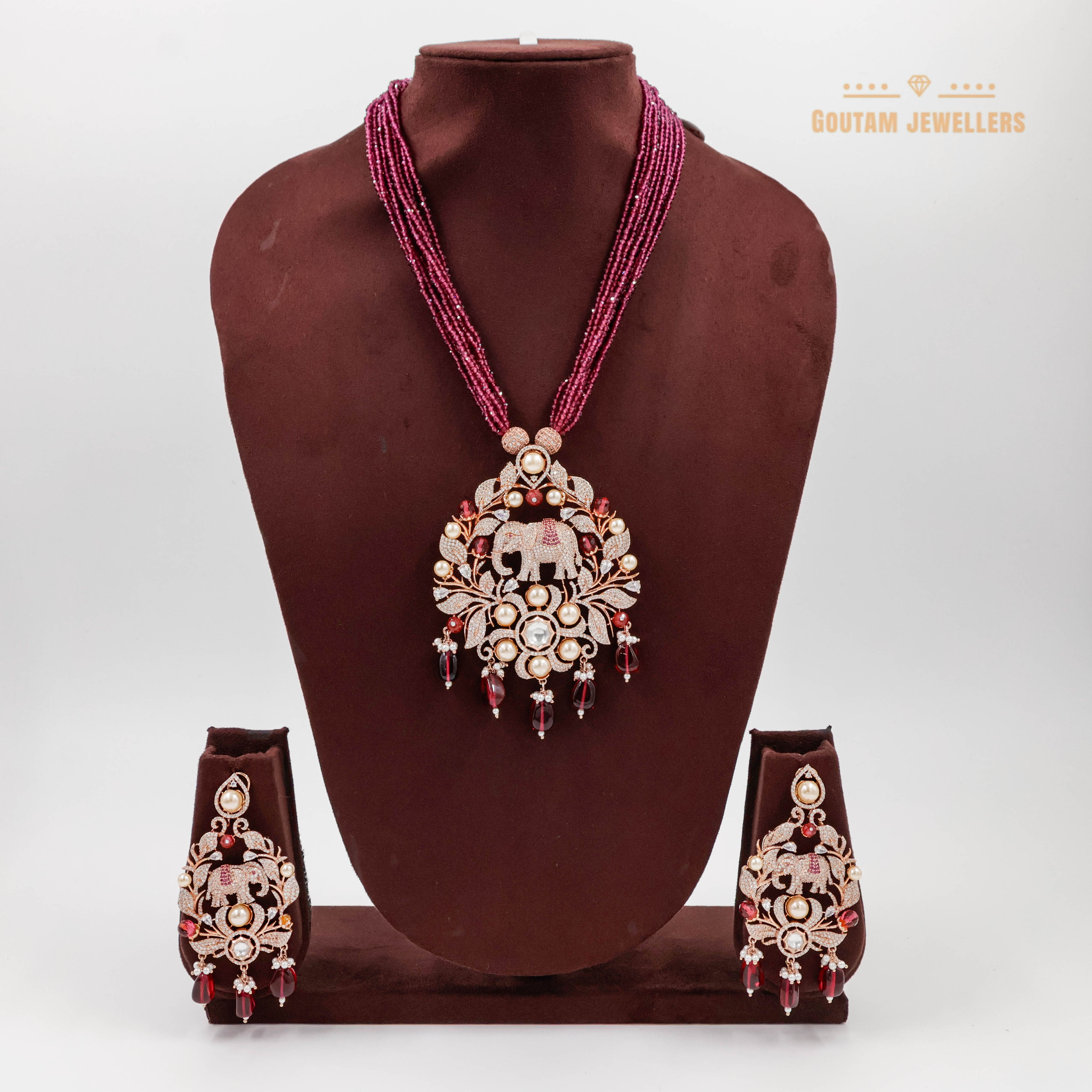 Goutam Jewellers By Ashok Rathod - Precious Ruby Crystal CZ Elephant Design Long Mala