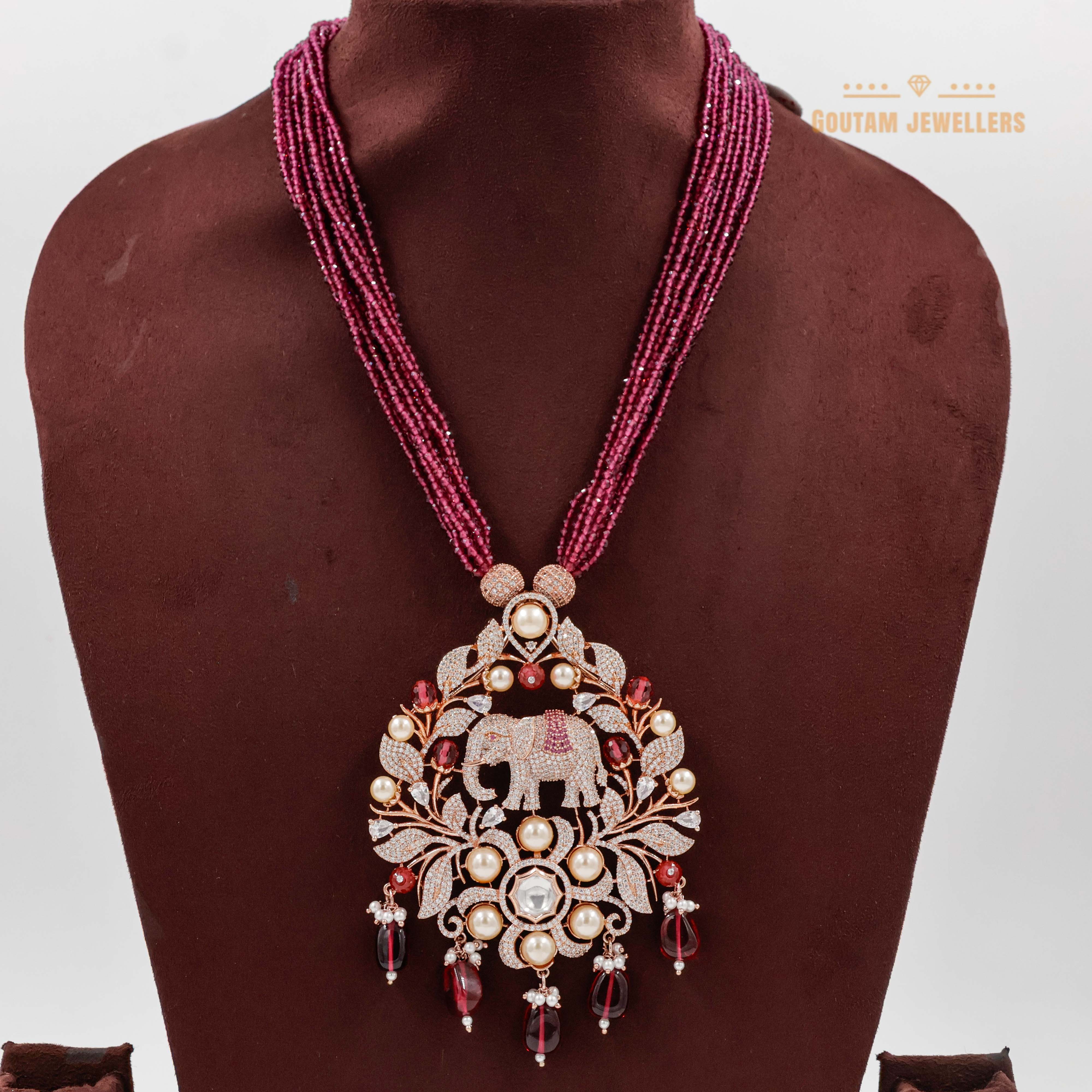 Goutam Jewellers By Ashok Rathod - Precious Ruby Crystal CZ Elephant Design Long Mala