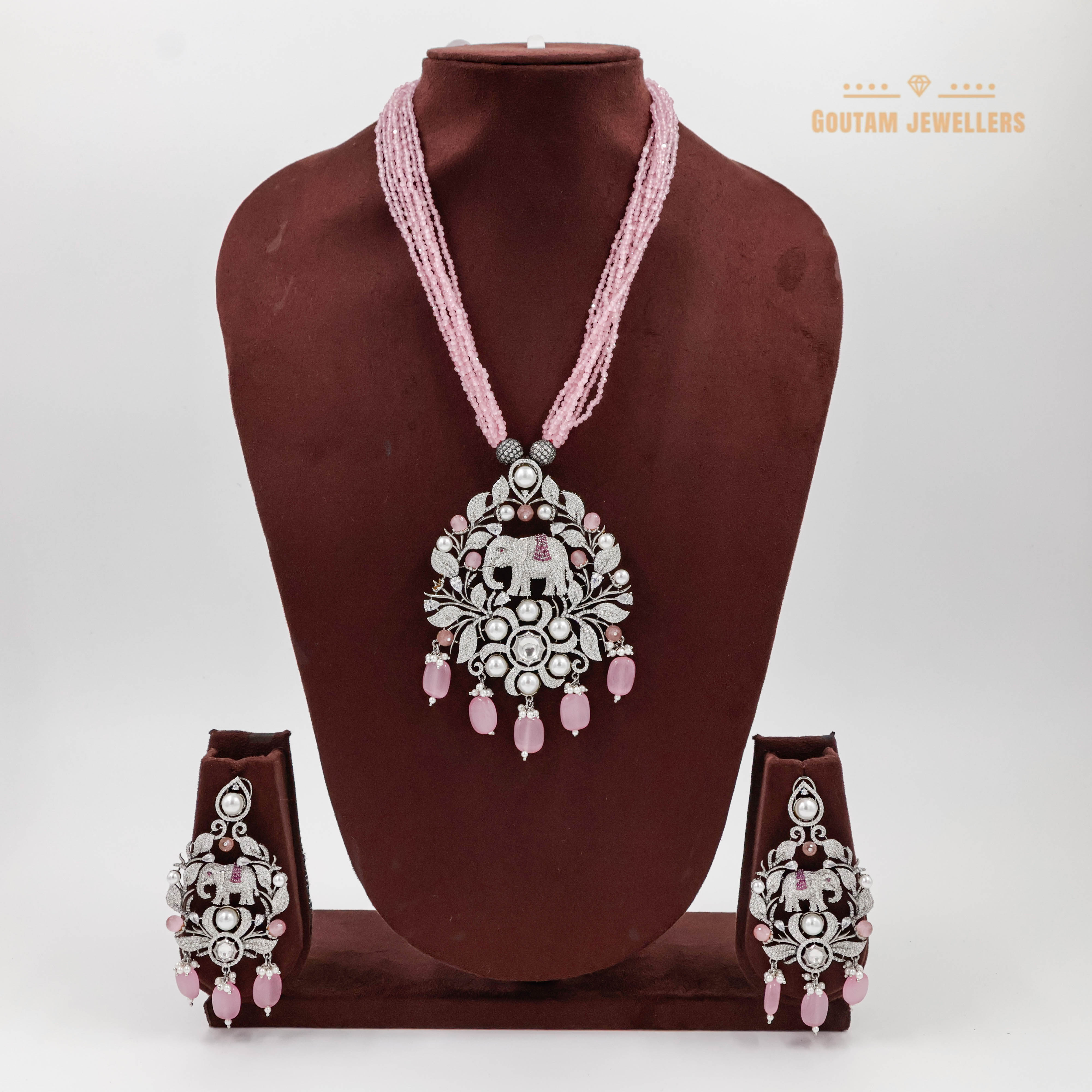 Goutam Jewellers By Ashok Rathod - Precious Baby Pink color Crystal CZ Elephant Design Long Mala