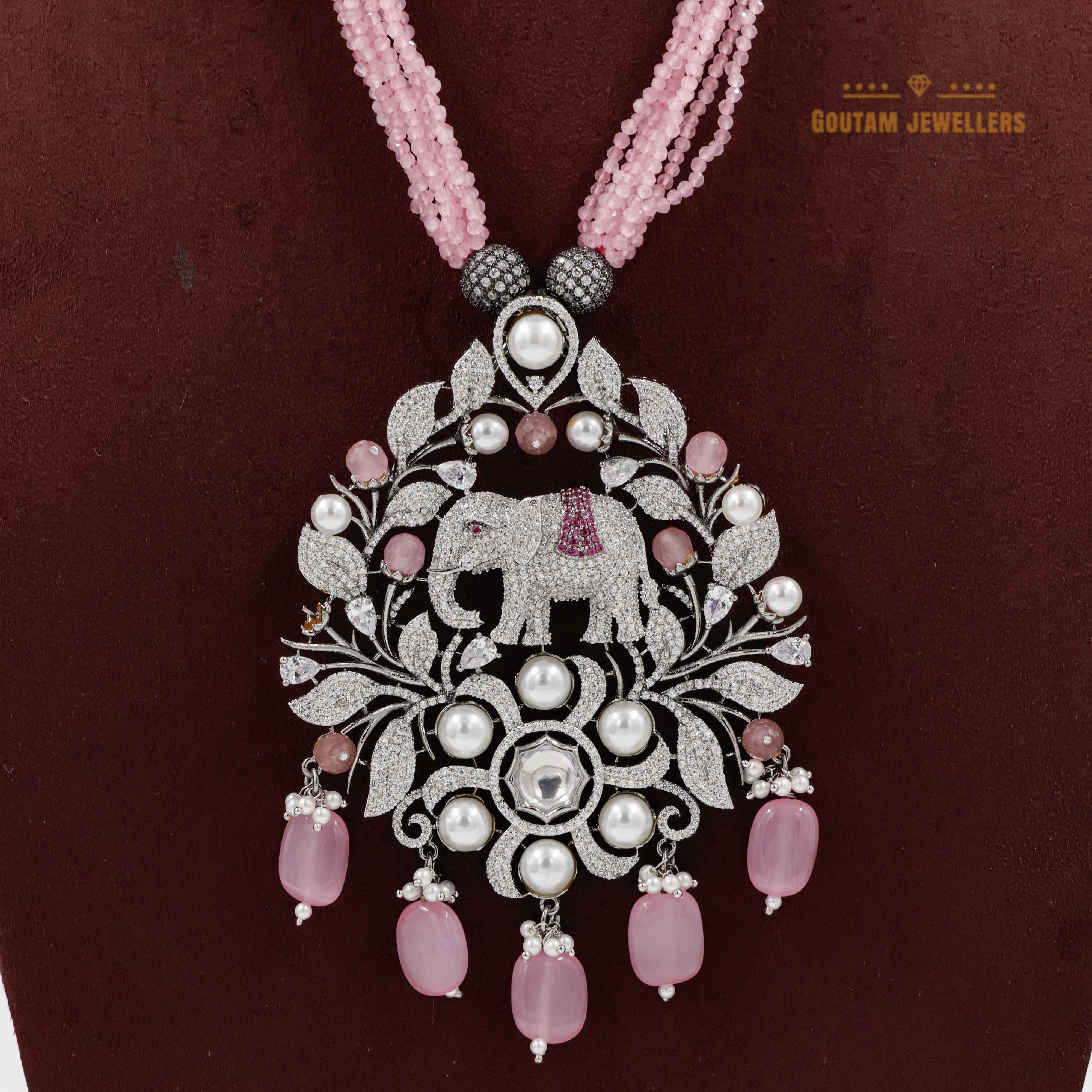 Goutam Jewellers By Ashok Rathod - Precious Baby Pink color Crystal CZ Elephant Design Long Mala