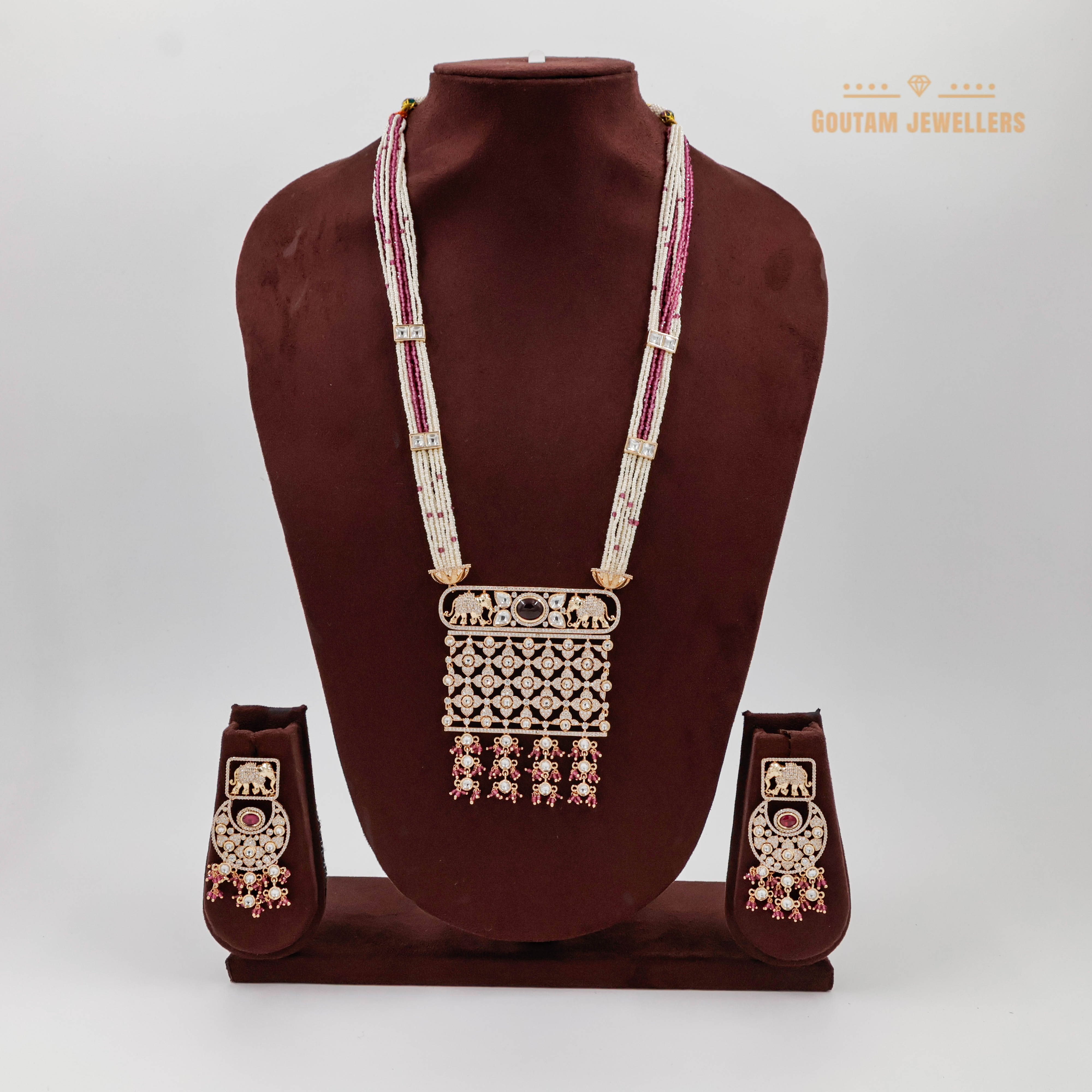 Goutam Jewellers By Ashok Rathod - Elegant Elephant Design Moti with Ruby Crystal Polki Kundan Long Mala