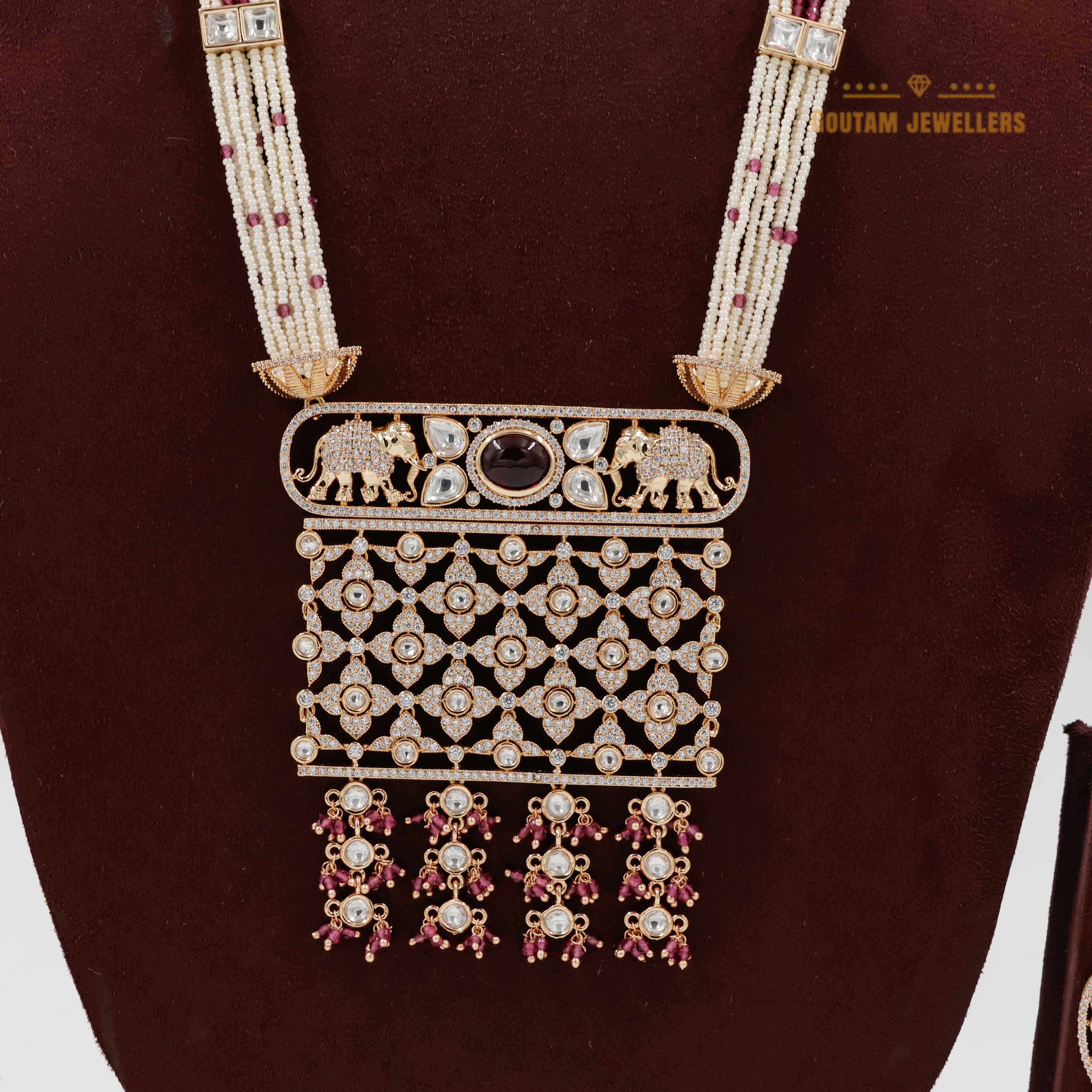 Goutam Jewellers By Ashok Rathod - Elegant Elephant Design Moti with Ruby Crystal Polki Kundan Long Mala