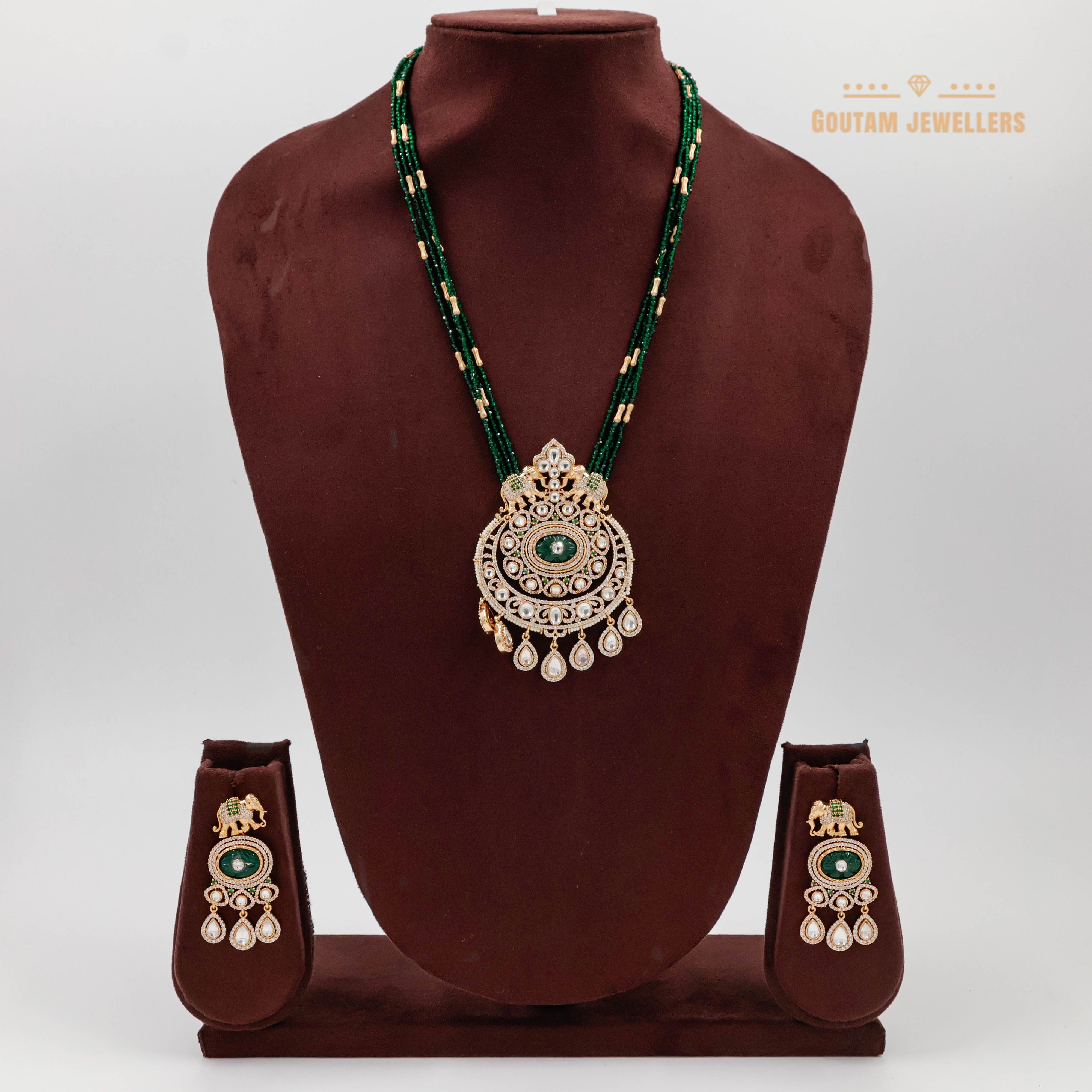Goutam Jewellers By Ashok Rathod - Elephant Design Precious Emerald Crystal Polki Kundan Long Mala