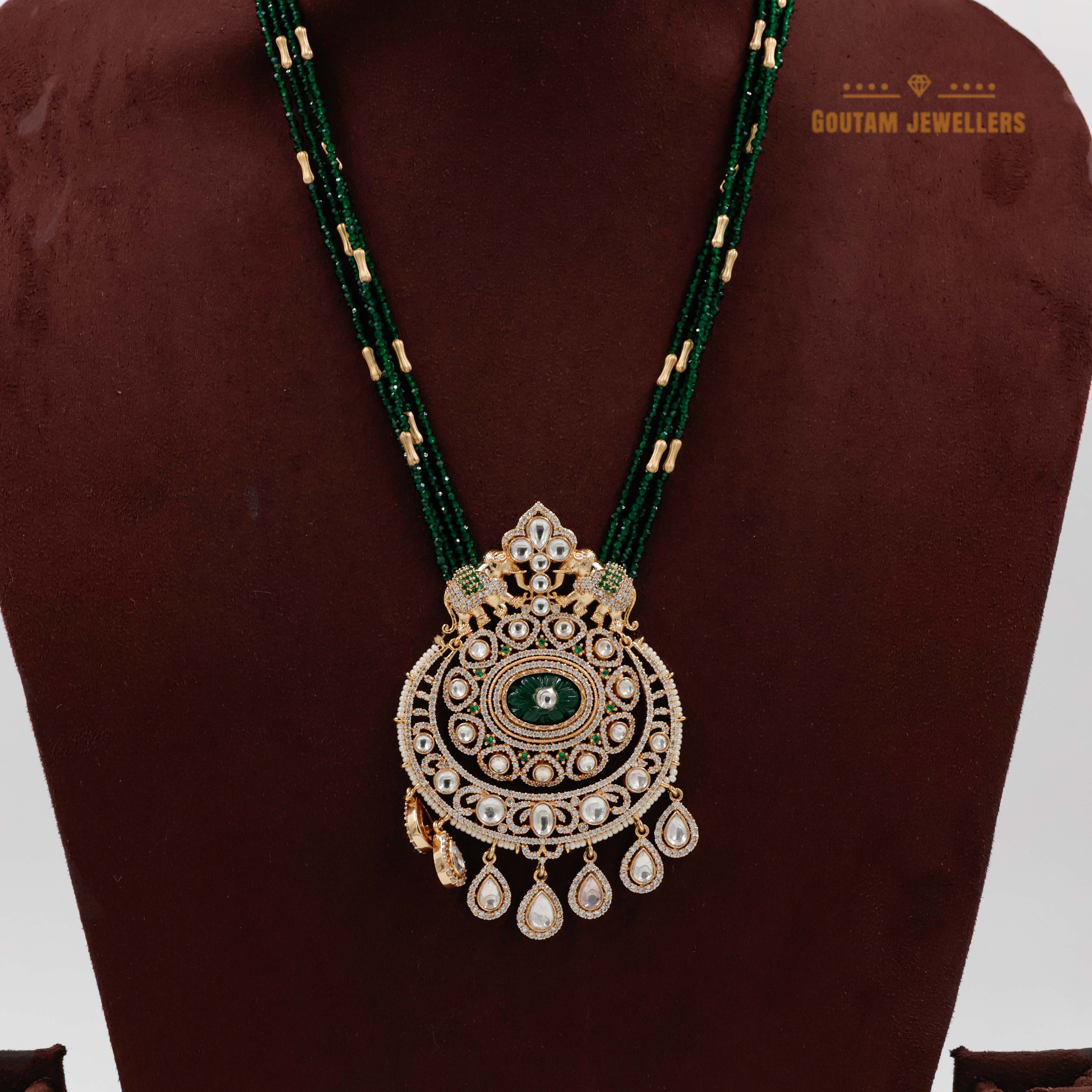 Goutam Jewellers By Ashok Rathod - Elephant Design Precious Emerald Crystal Polki Kundan Long Mala