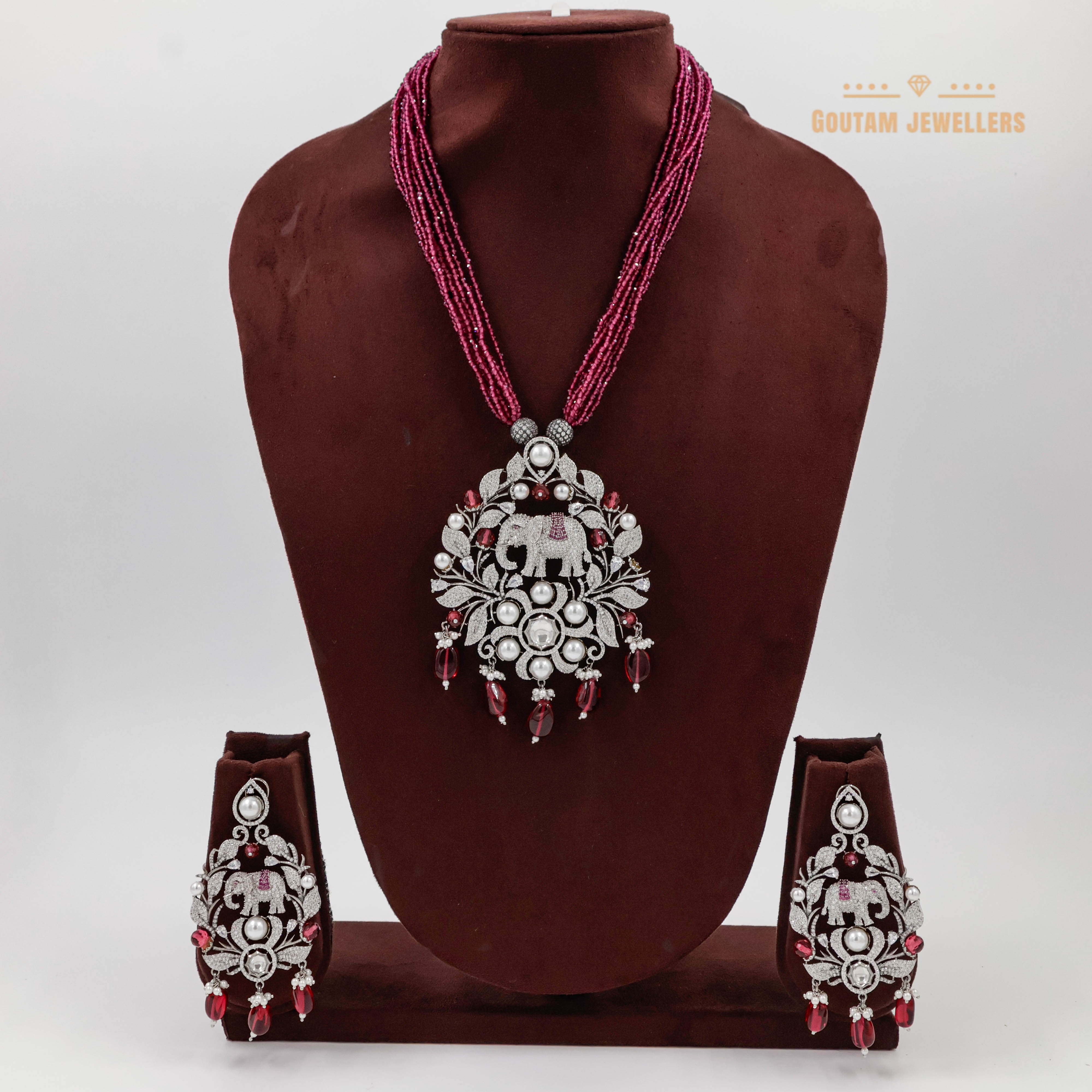 Goutam Jewellers By Ashok Rathod - Precious Ruby Crystal CZ Elephant Design Long Mala