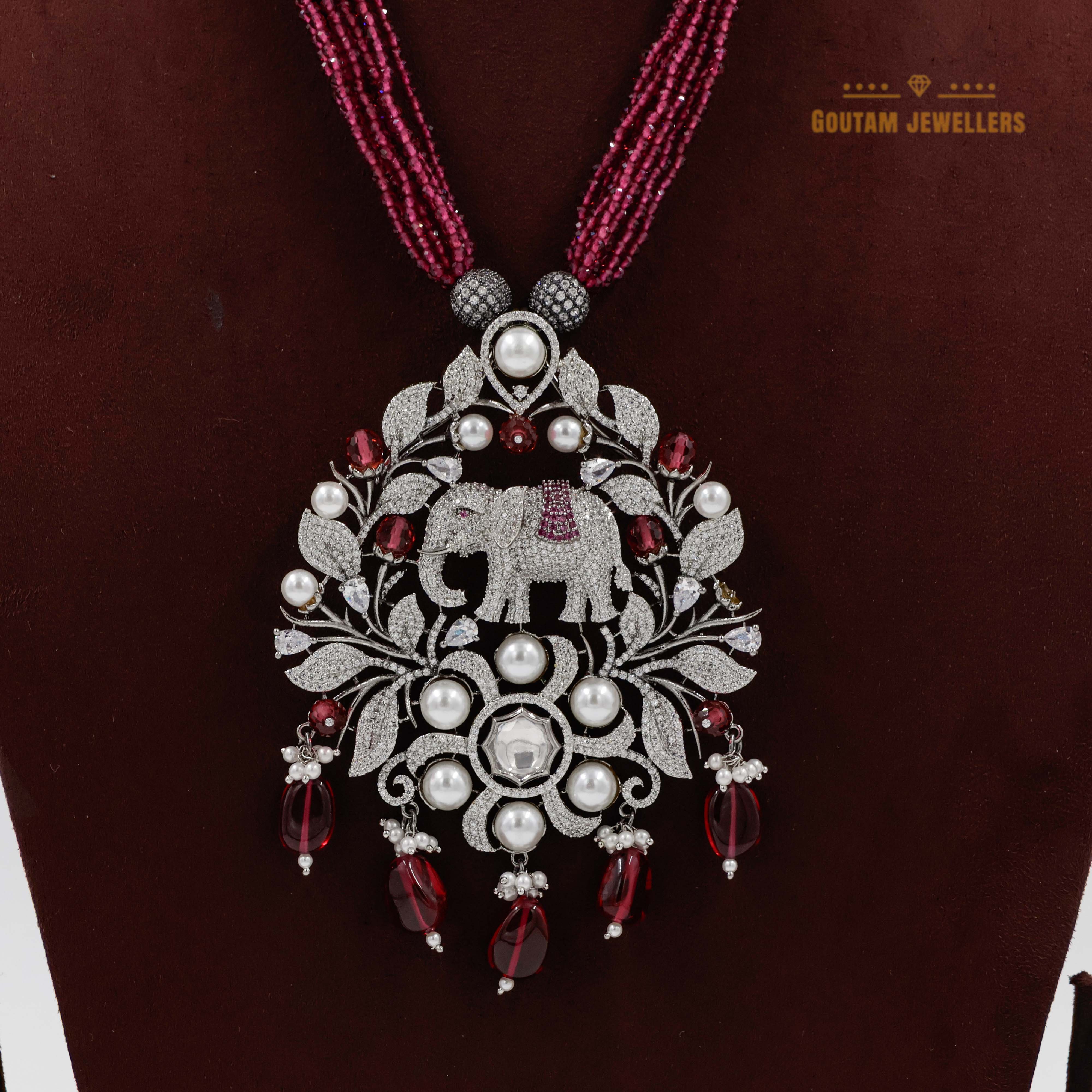 Goutam Jewellers By Ashok Rathod - Precious Ruby Crystal CZ Elephant Design Long Mala