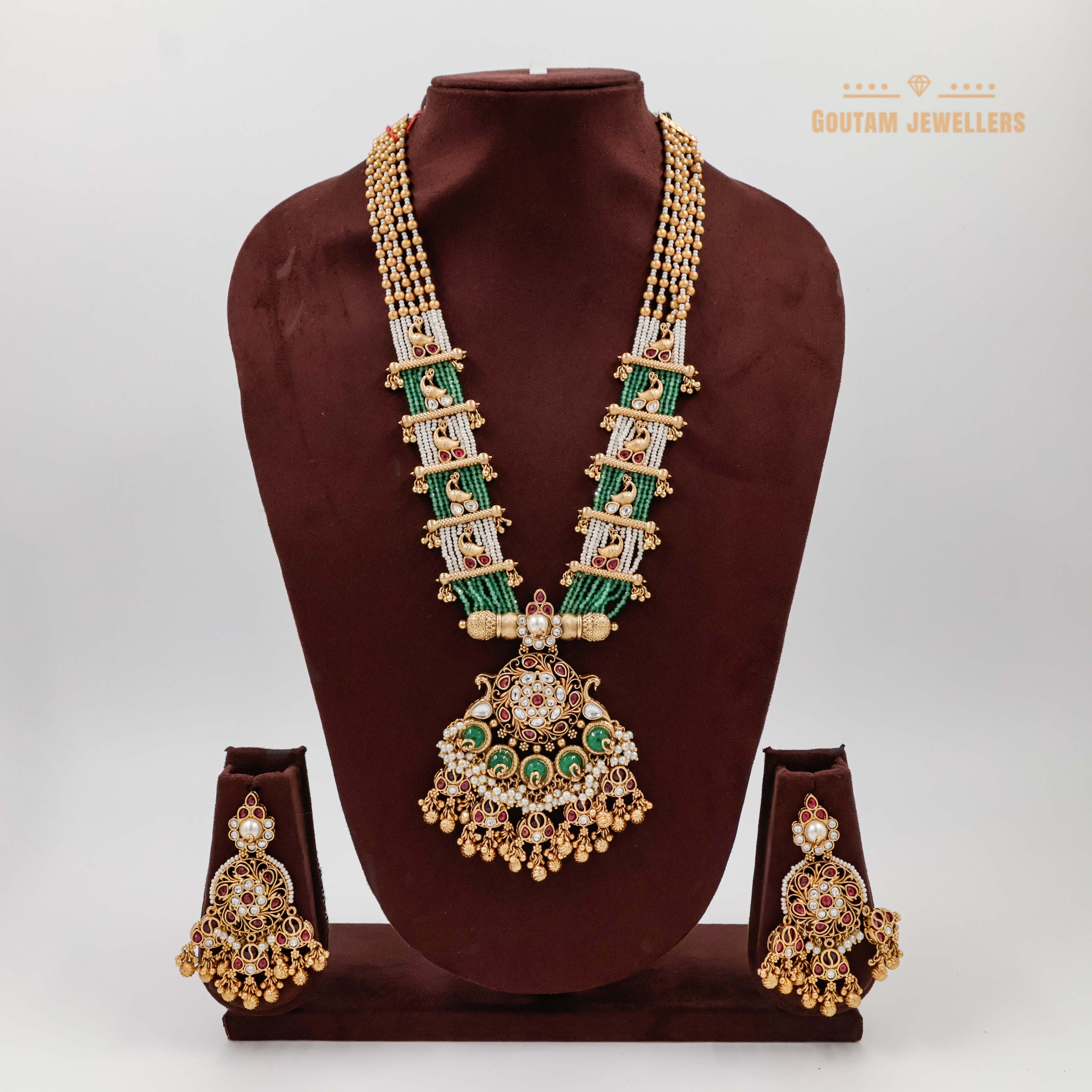 Goutam Jewellers By Ashok Rathod - Temp Ruby with Emerald Crystal Antique Designer Long Set