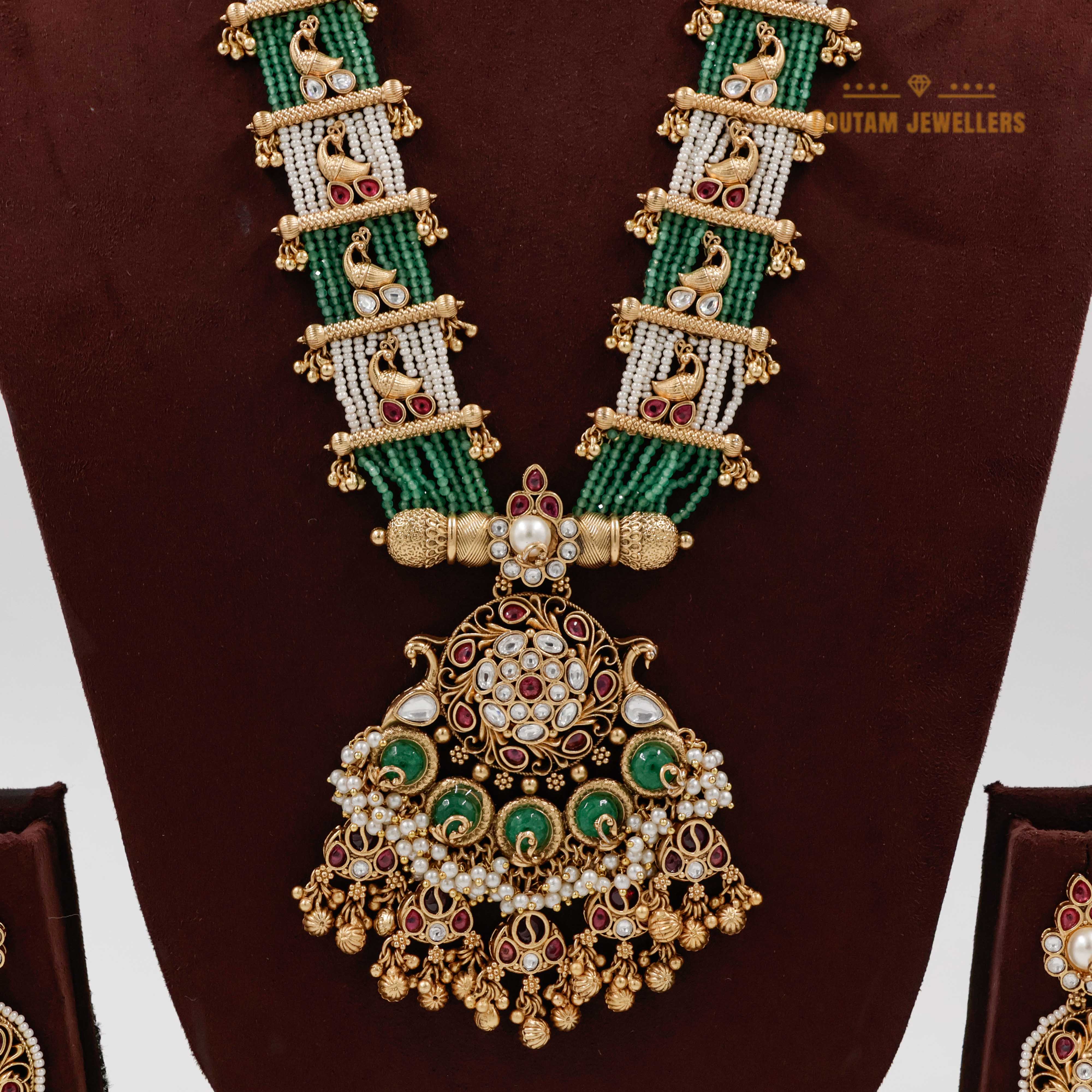 Goutam Jewellers By Ashok Rathod - Temp Ruby with Emerald Crystal Antique Designer Long Set