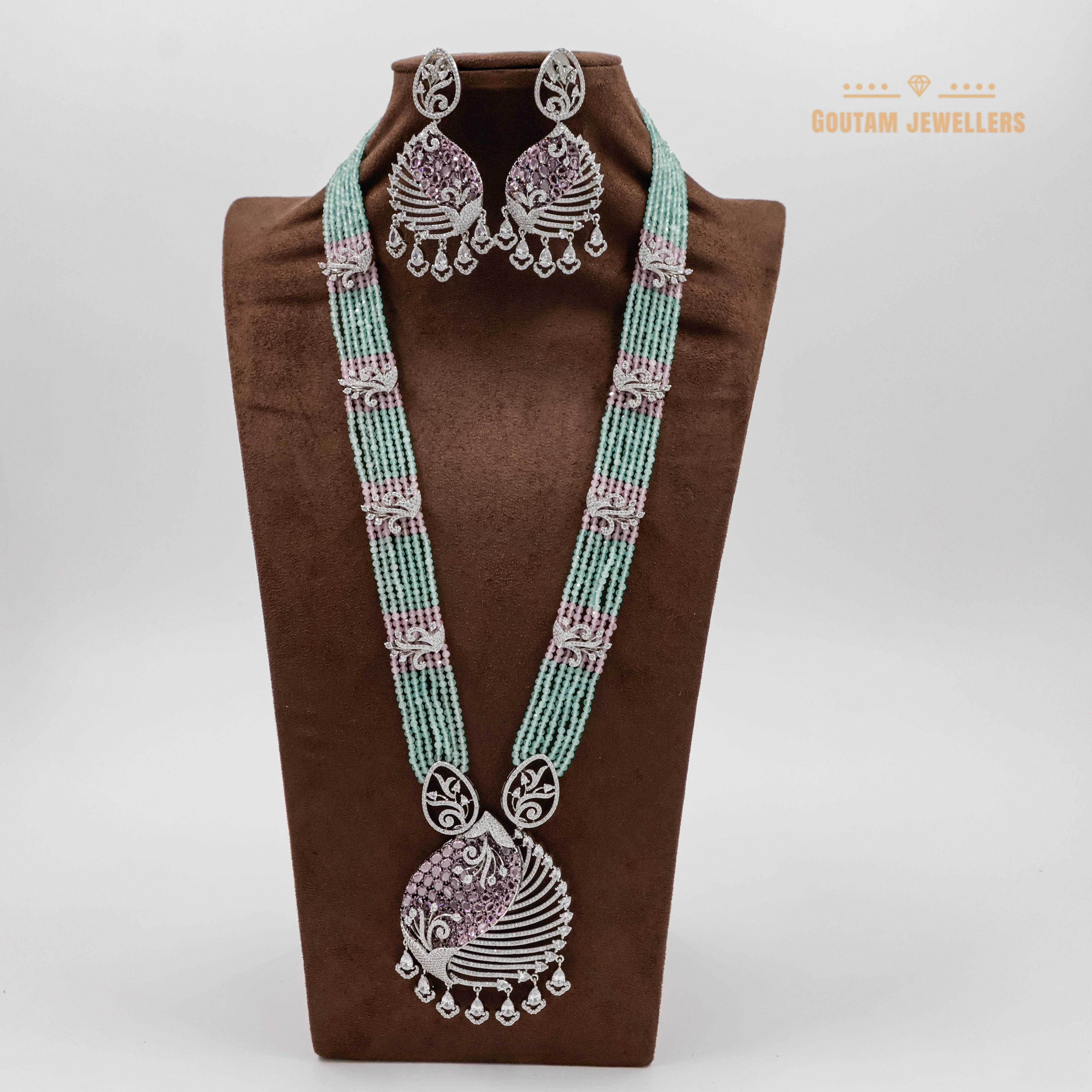 Goutam Jewellers By Ashok Rathod - Pastel coloRed Designer CZ Long Necklace Set