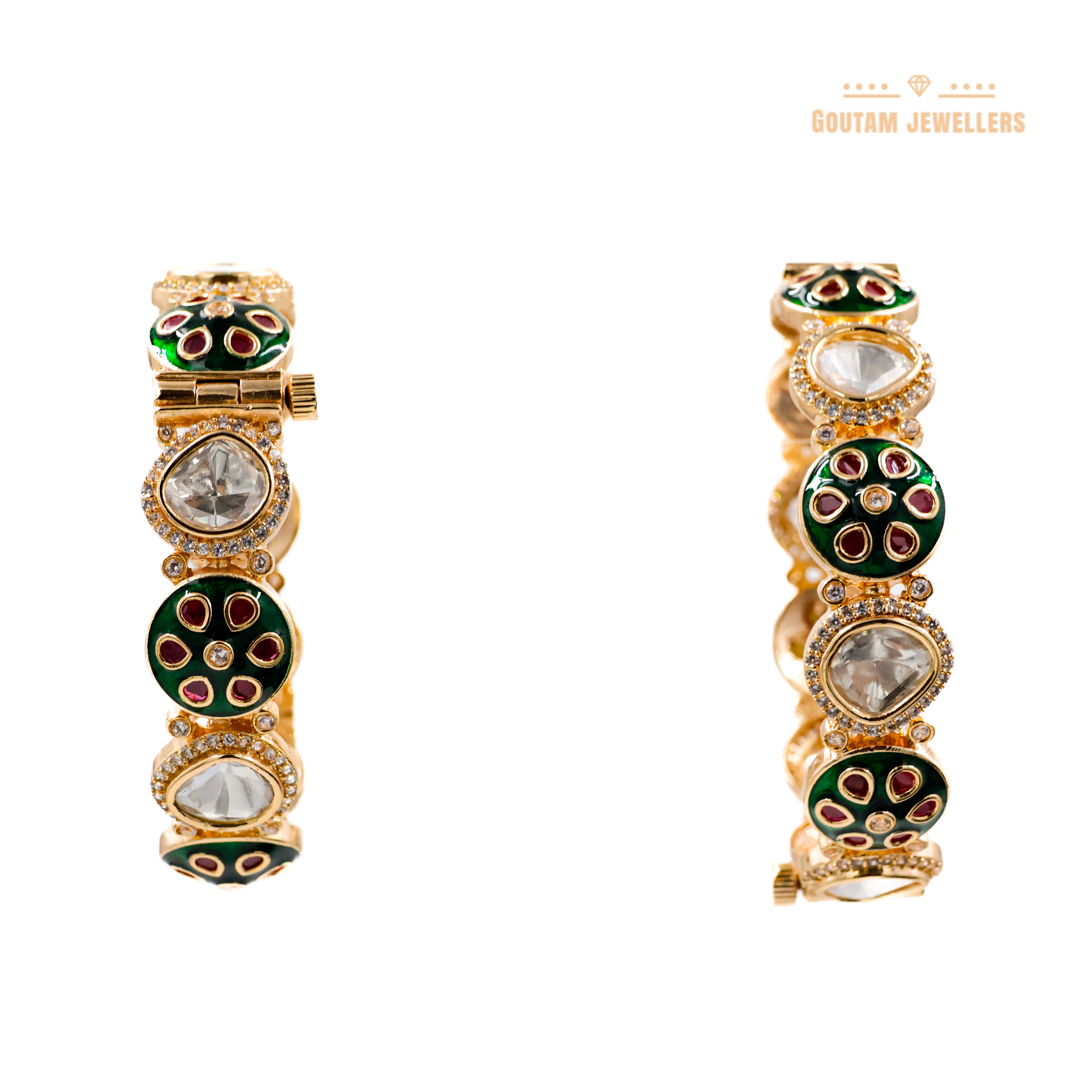 Goutam Jewellers By Ashok Rathod - Flower Design Ruby Green Designer Moissanite Kundan Bangles