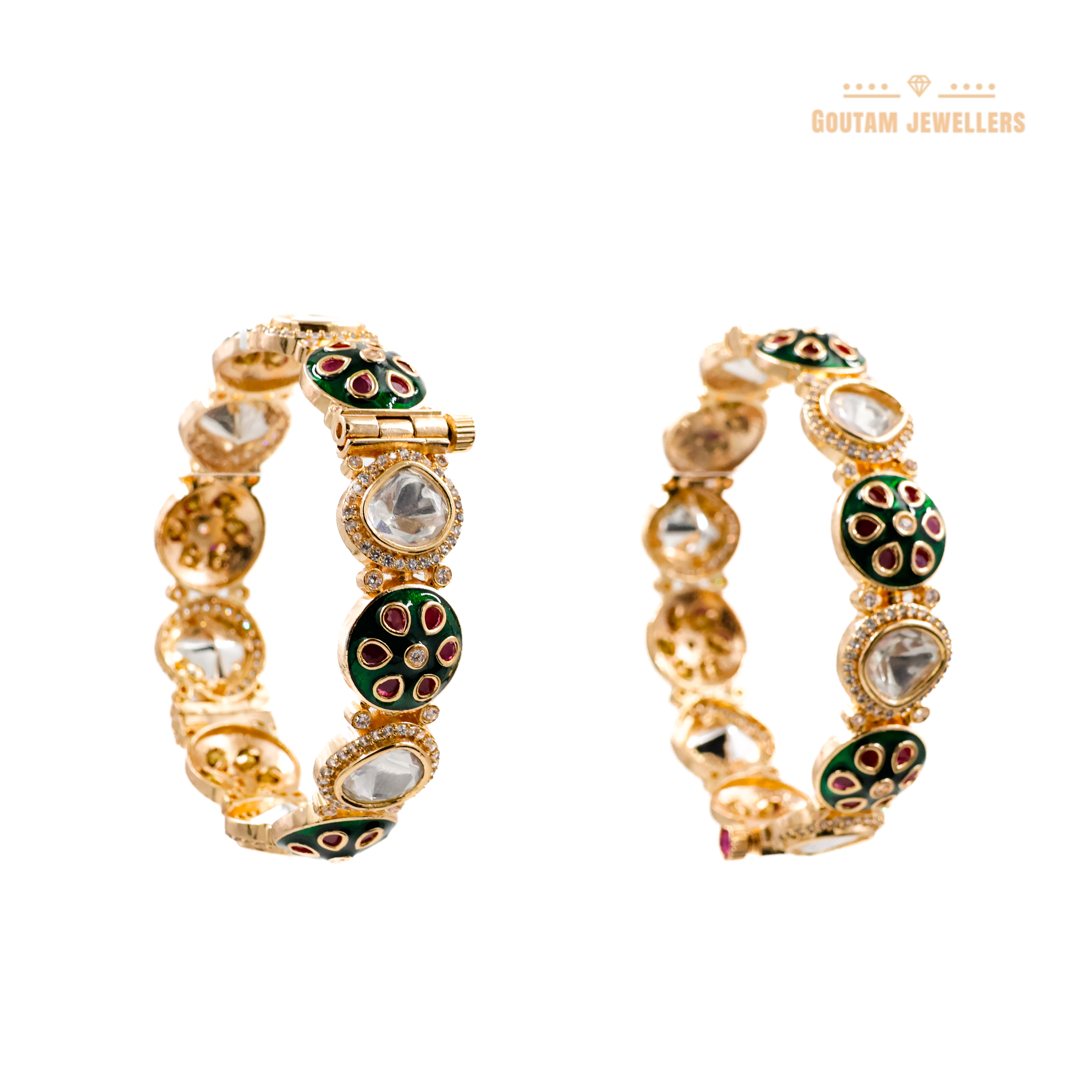 Goutam Jewellers By Ashok Rathod - Flower Design Ruby Green Designer Moissanite Kundan Bangles