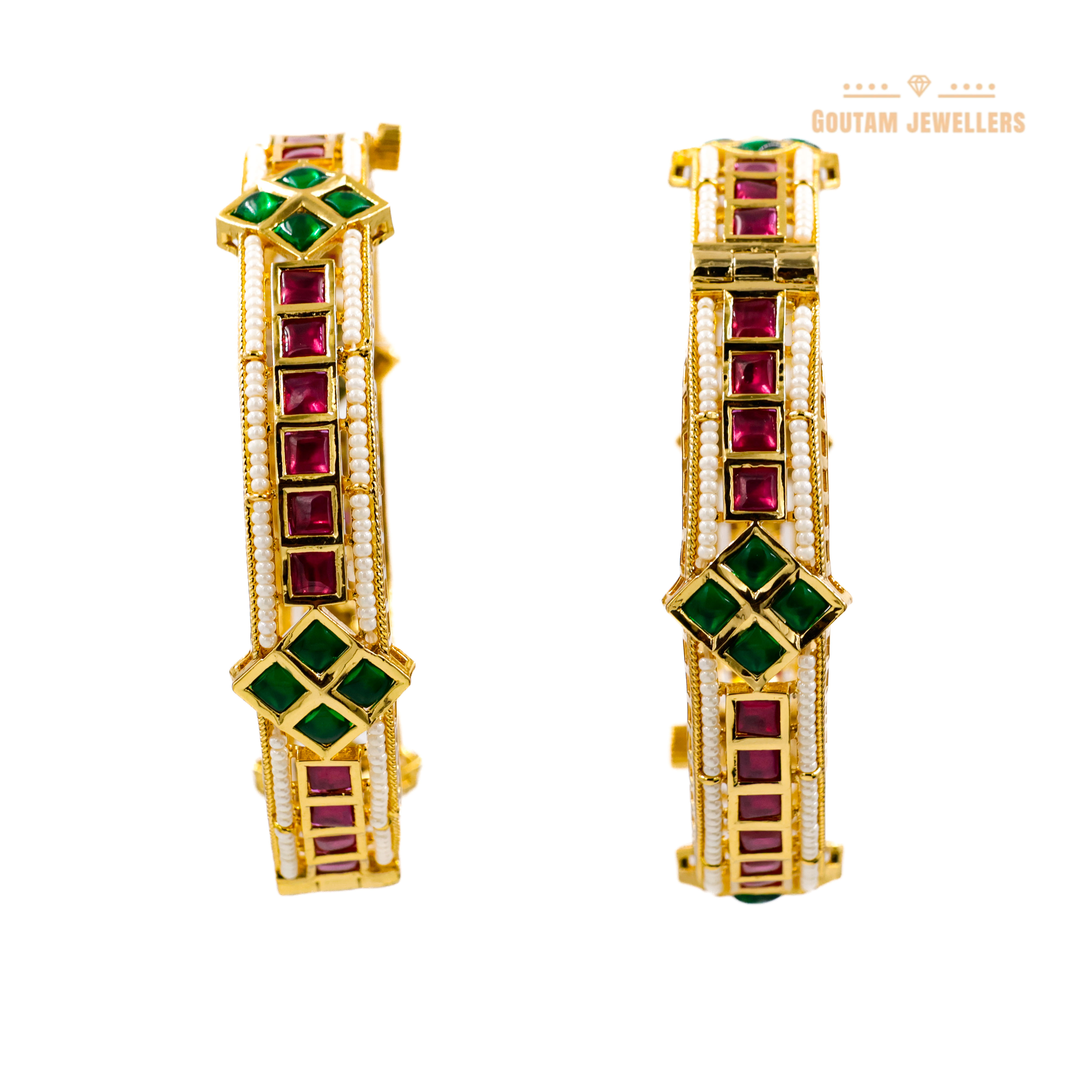 Goutam Jewellers By Ashok Rathod - Ruby Green Designer Moti Kundan Bangles