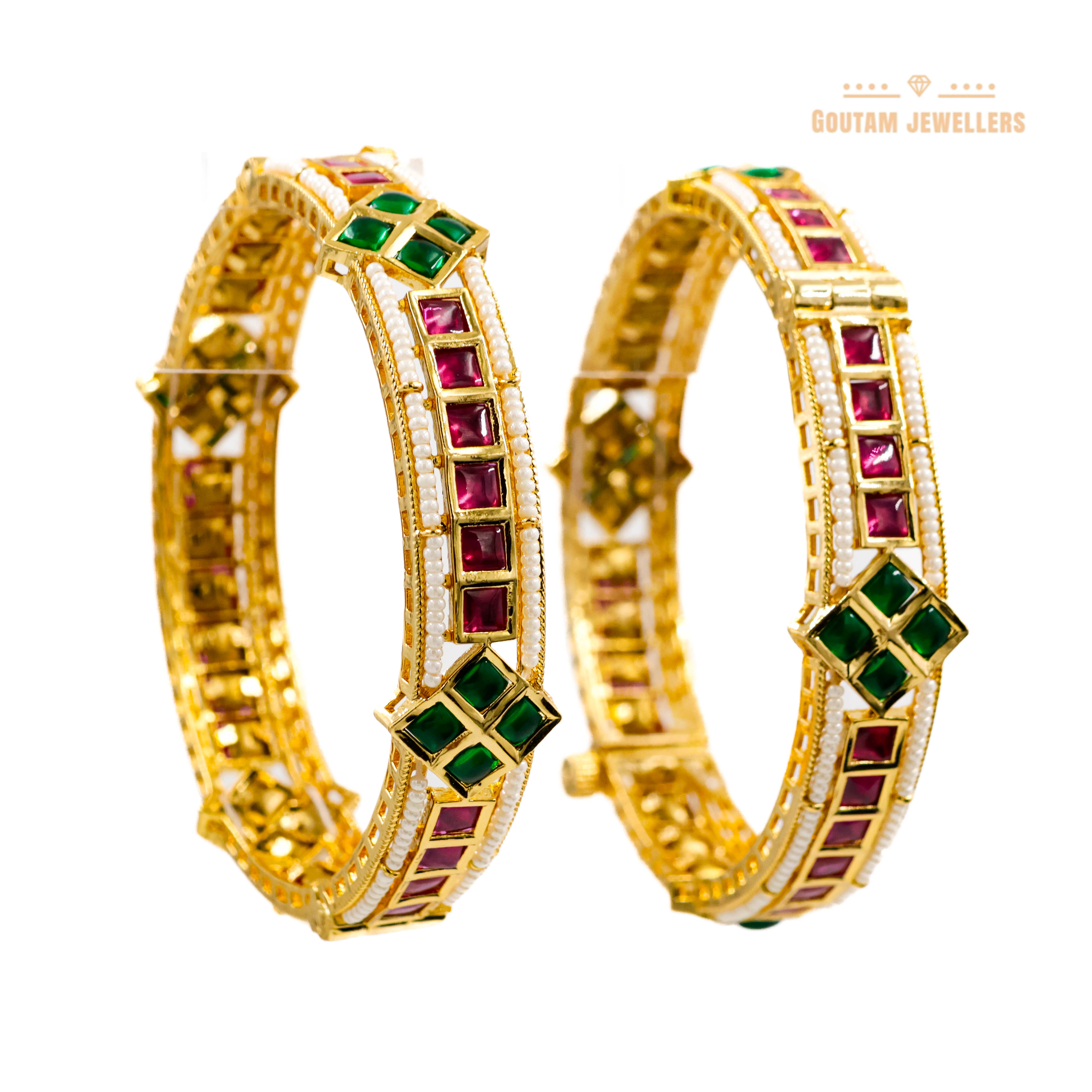 Goutam Jewellers By Ashok Rathod - Ruby Green Designer Moti Kundan Bangles