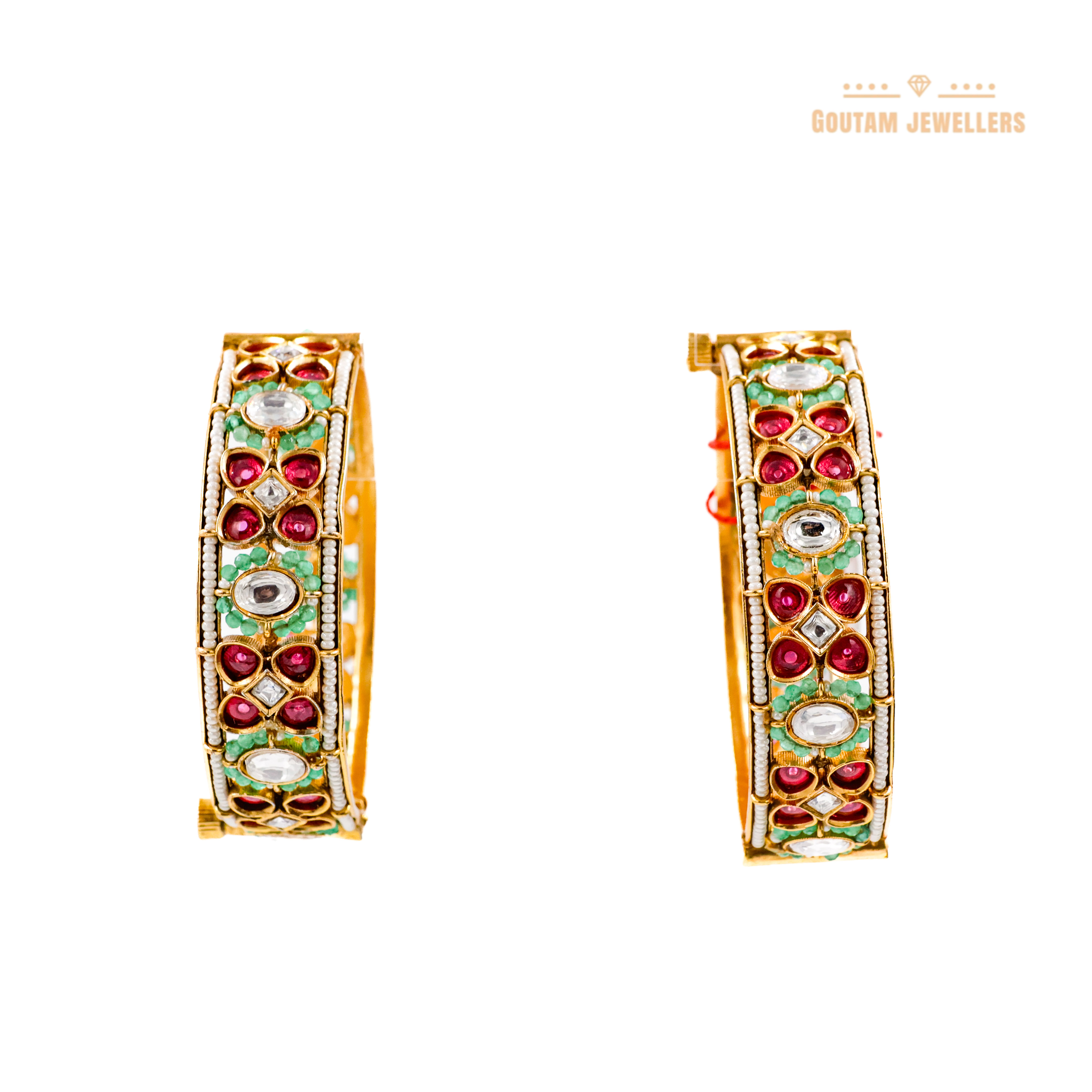 Goutam Jewellers By Ashok Rathod - Ruby ColoRed Antique Floral Kundan Bangles