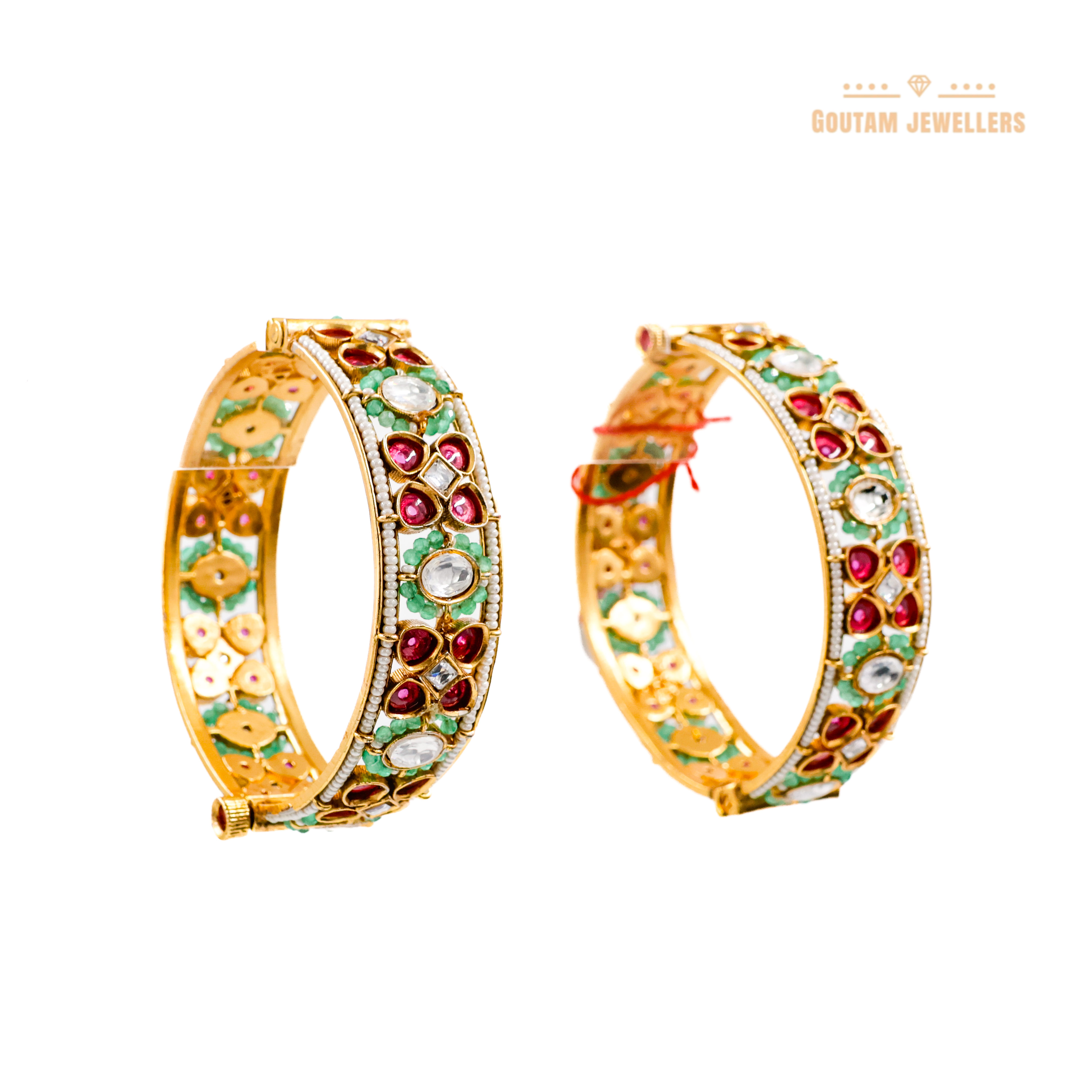 Goutam Jewellers By Ashok Rathod - Ruby ColoRed Antique Floral Kundan Bangles