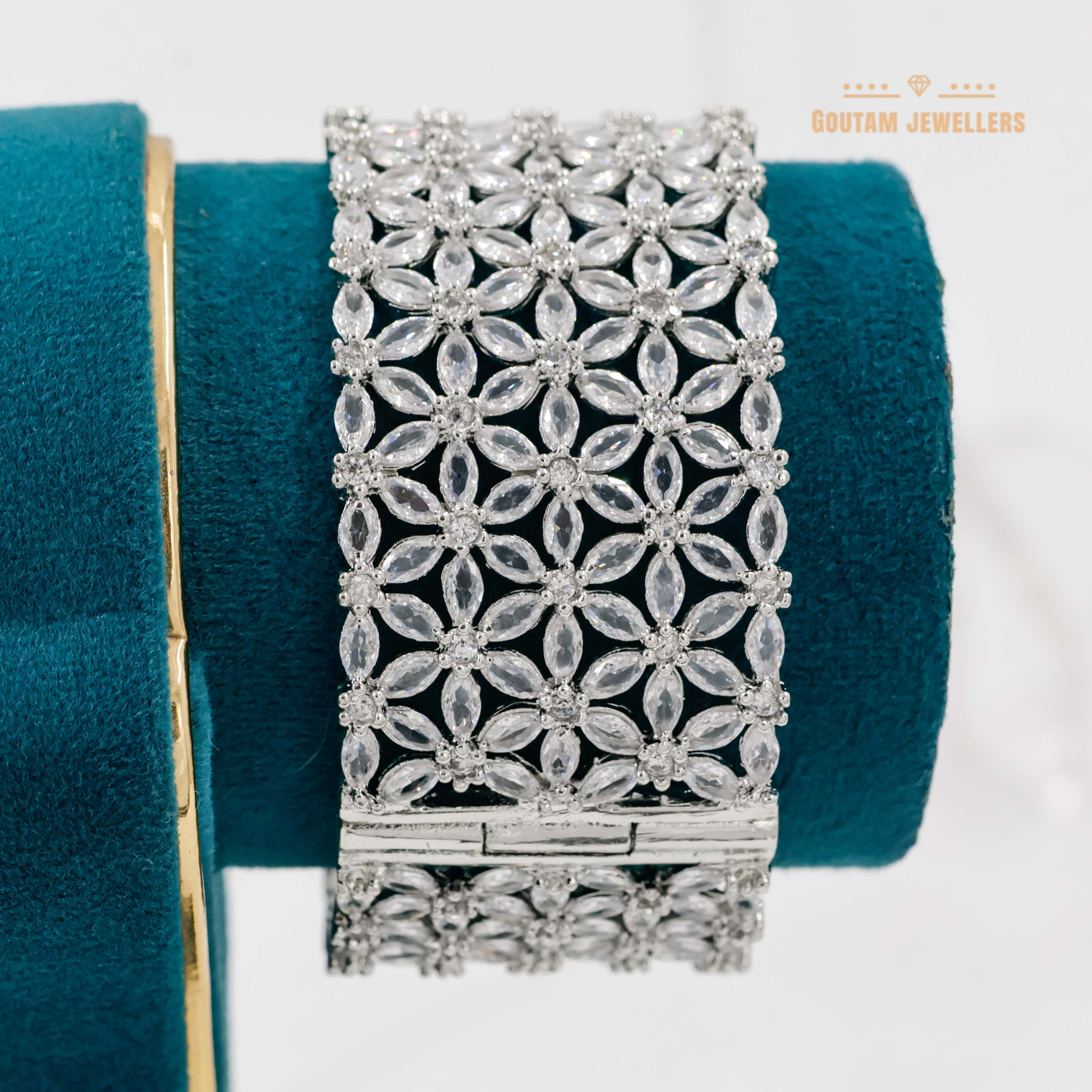 Goutam Jewellers By Ashok Rathod - Statement Silver Polished Opensble American Diamond Stones Bangle