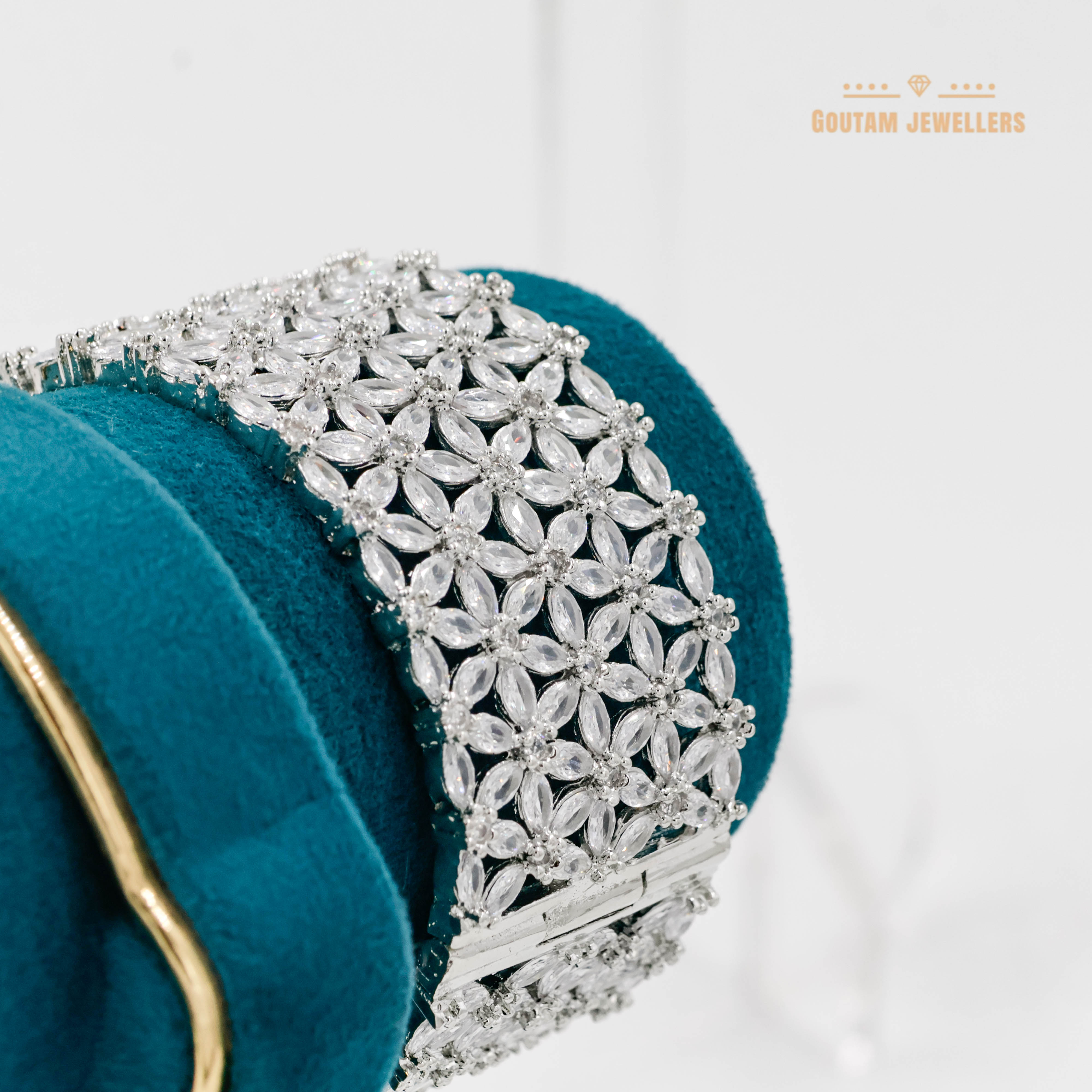 Goutam Jewellers By Ashok Rathod - Statement Silver Polished Opensble American Diamond Stones Bangle