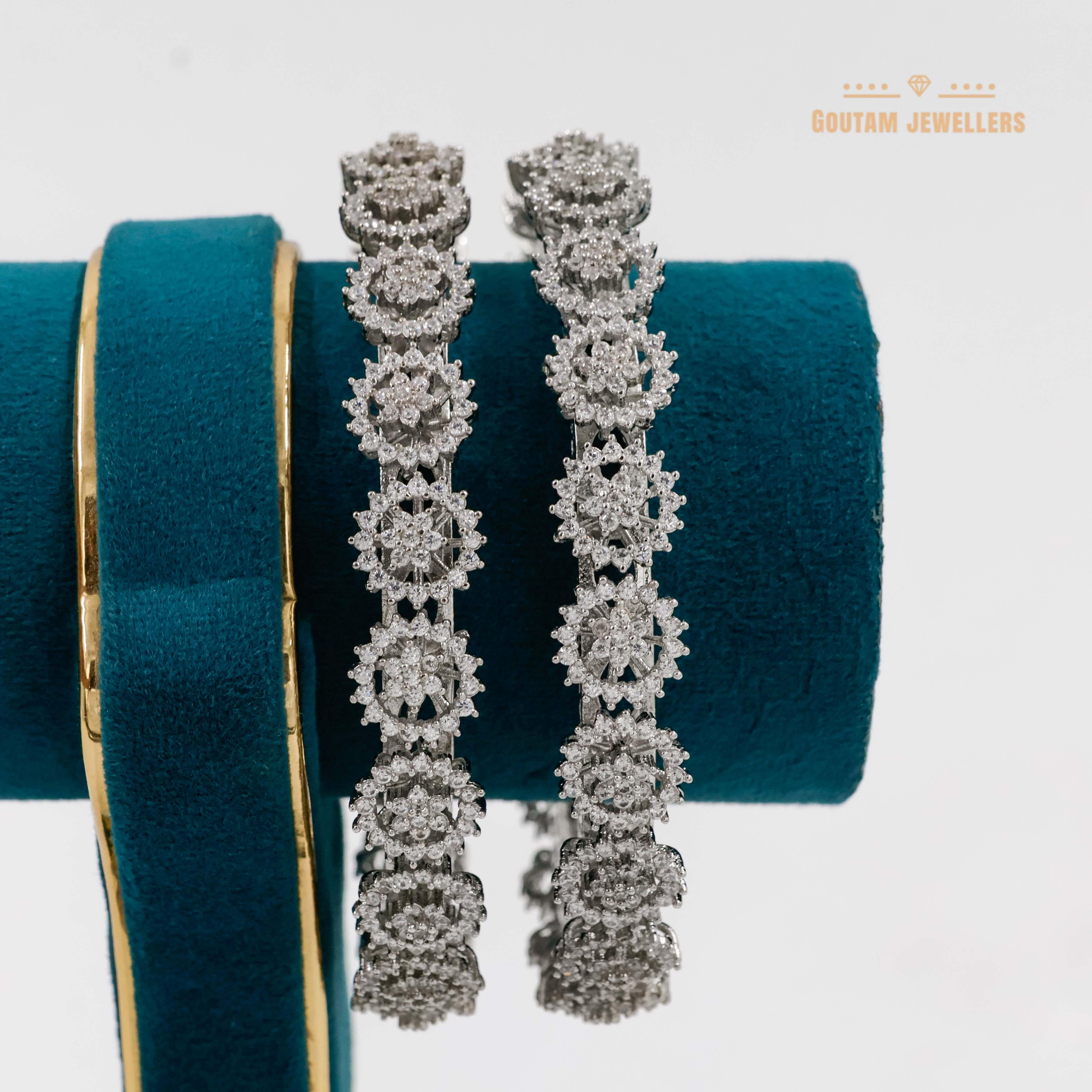 Goutam Jewellers By Ashok Rathod - Silver Polish American Diamond Stones FlowerDesign Gajra Bangles