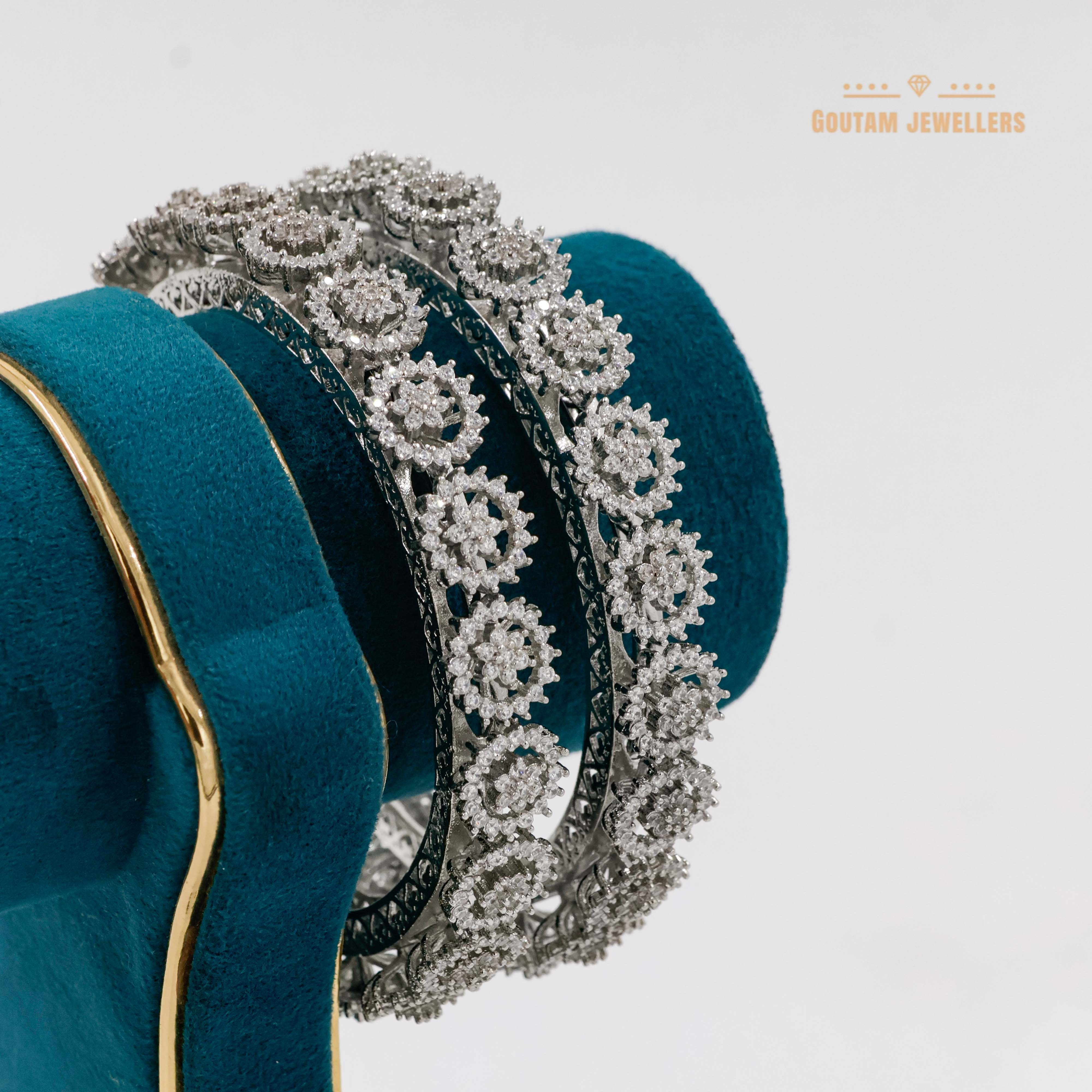 Goutam Jewellers By Ashok Rathod - Silver Polish American Diamond Stones FlowerDesign Gajra Bangles