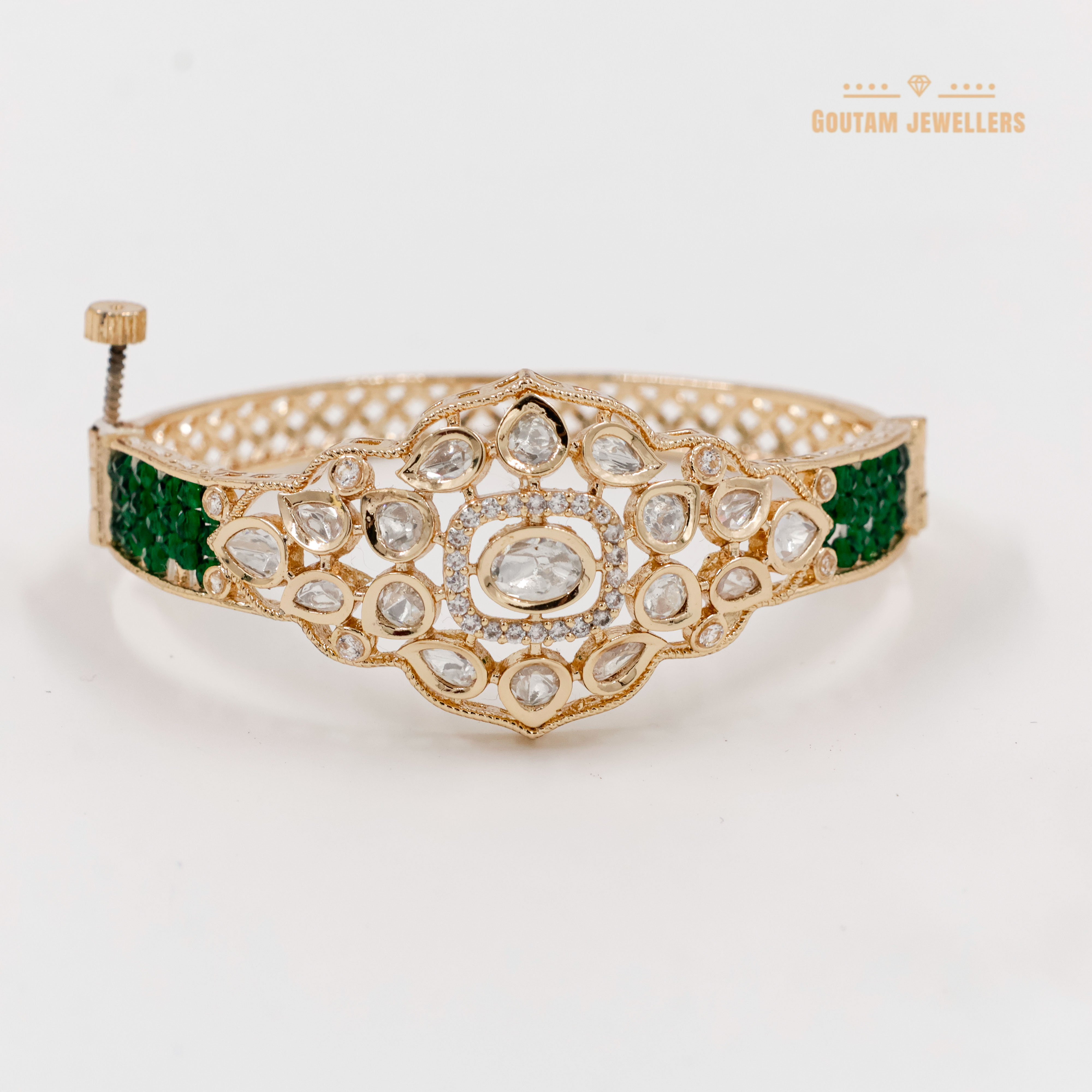 Goutam Jewellers By Ashok Rathod - Designer Green Crystal Bandai Polki Kundan Kada