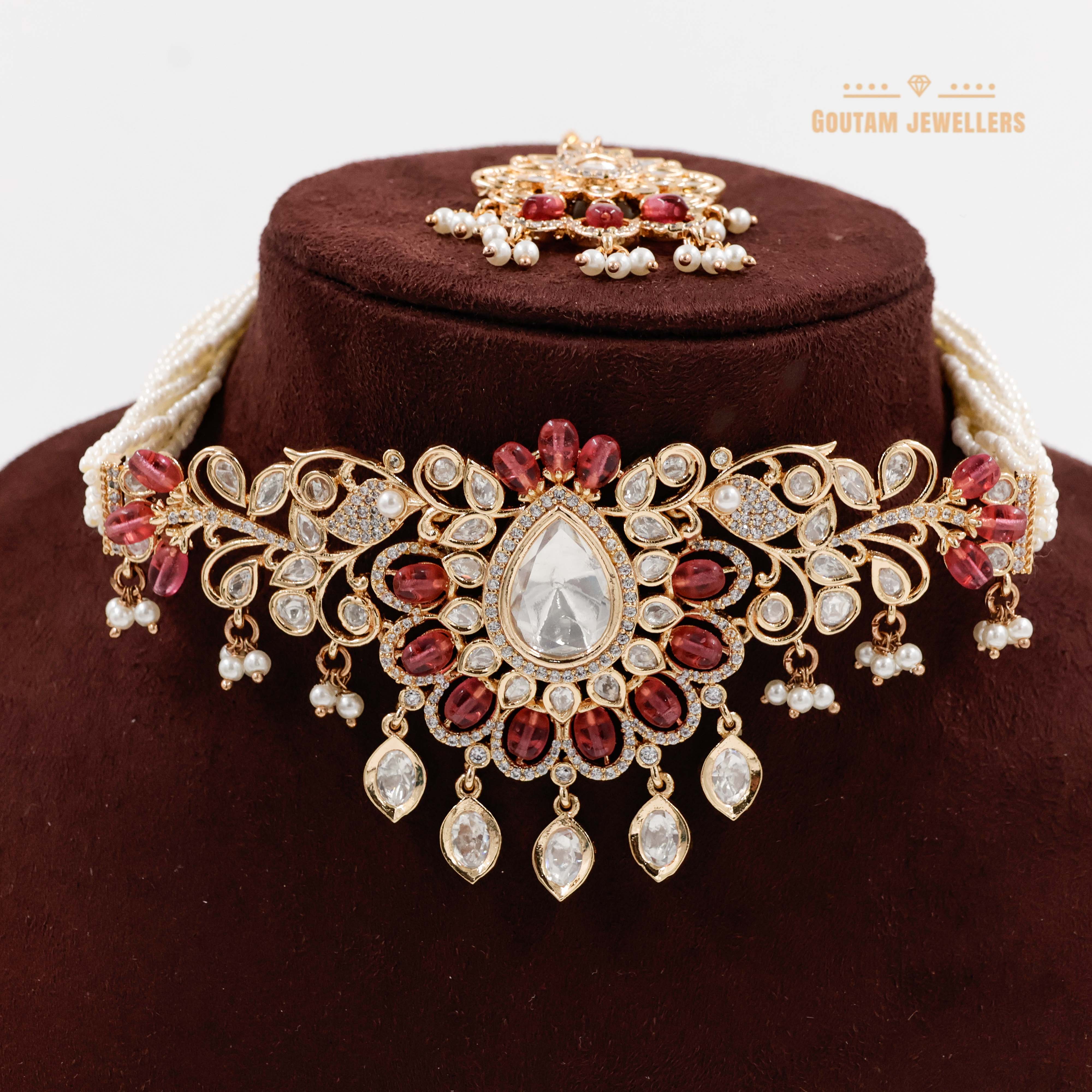 Goutam Jewellers By Ashok Rathod - Ruby Polki Kundan Choker Set with Tika