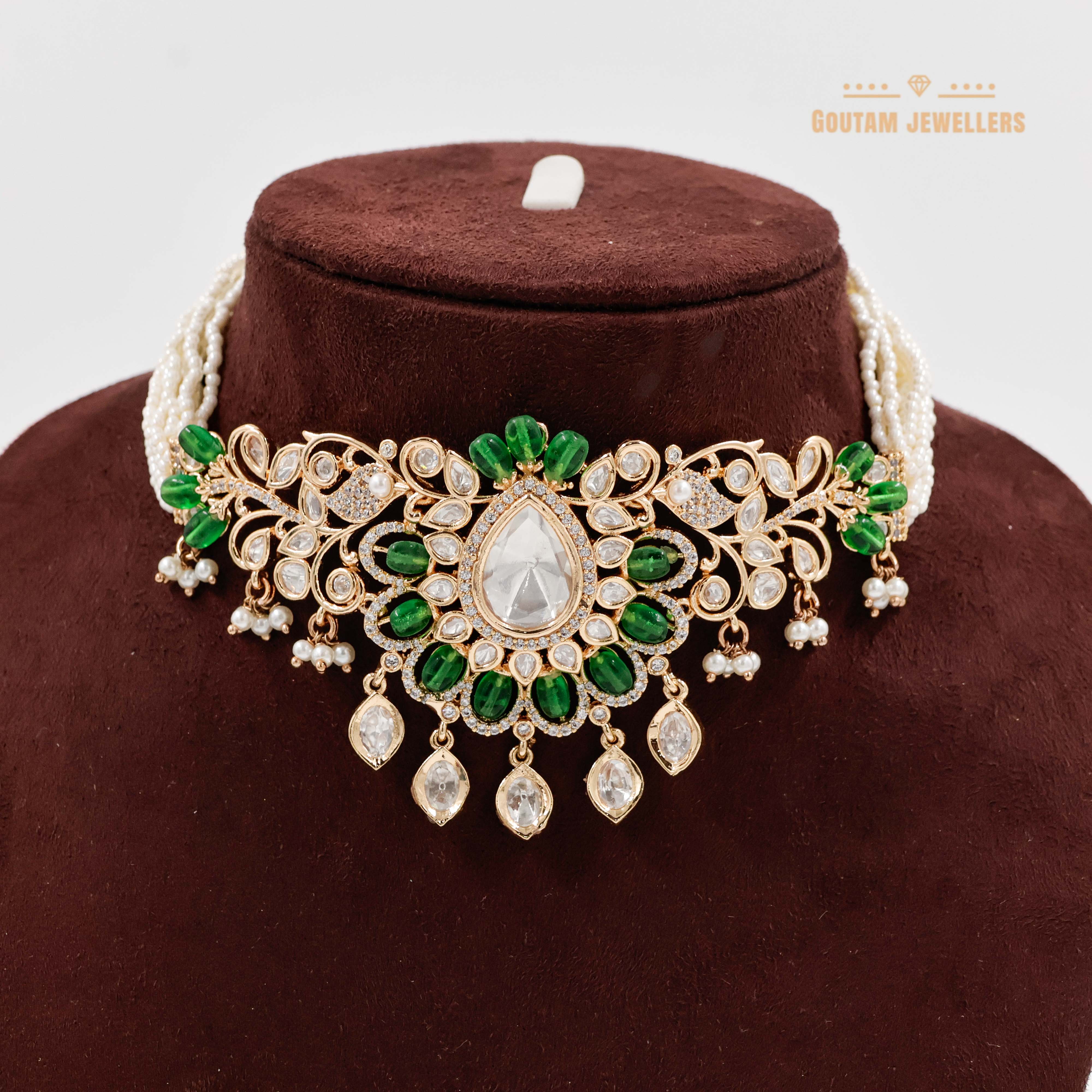 Goutam Jewellers By Ashok Rathod - Emerald Polki Kundan Choker Set with Tika