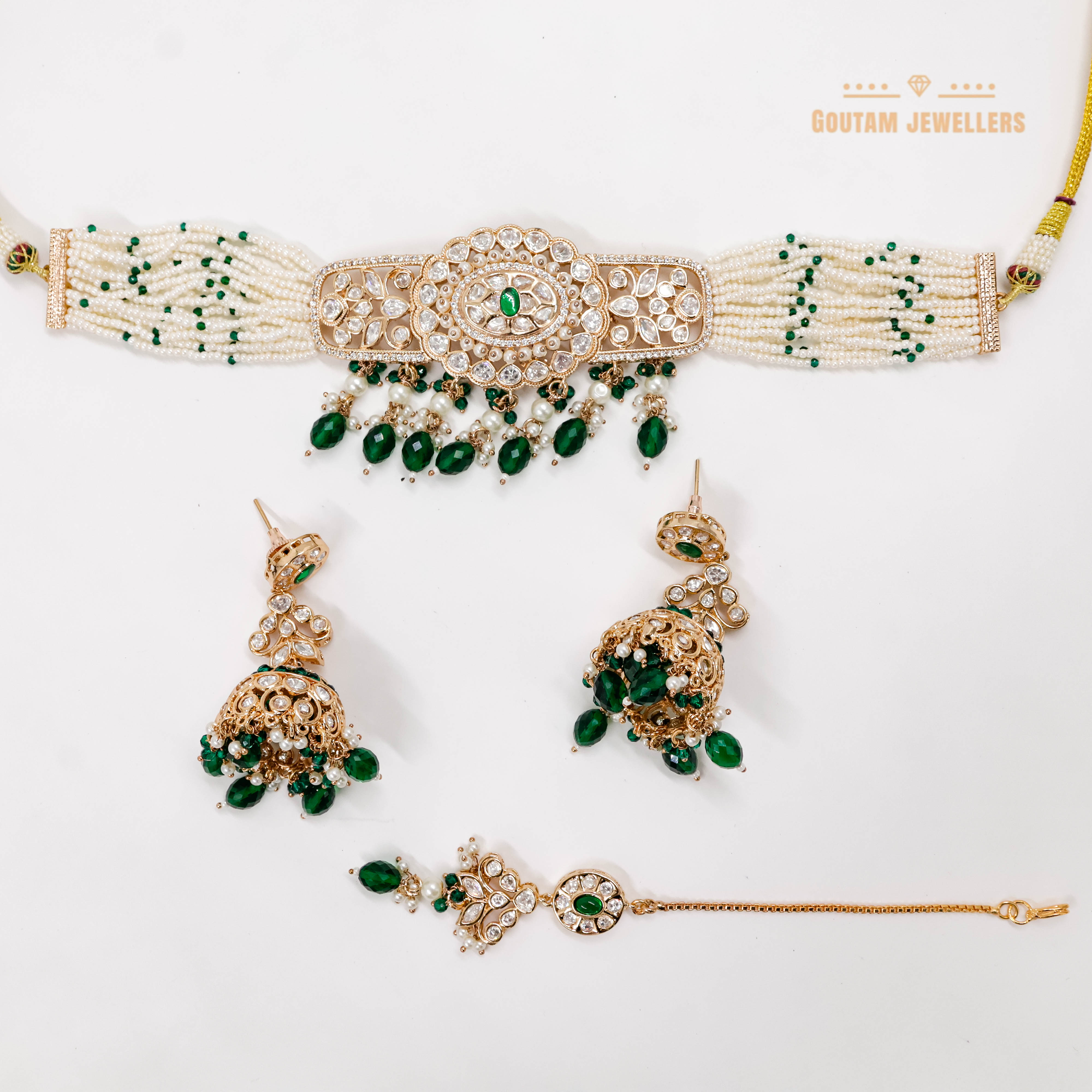 Goutam Jewellers By Ashok Rathod - Geen Color Polki Kundan Choker Set with Tika