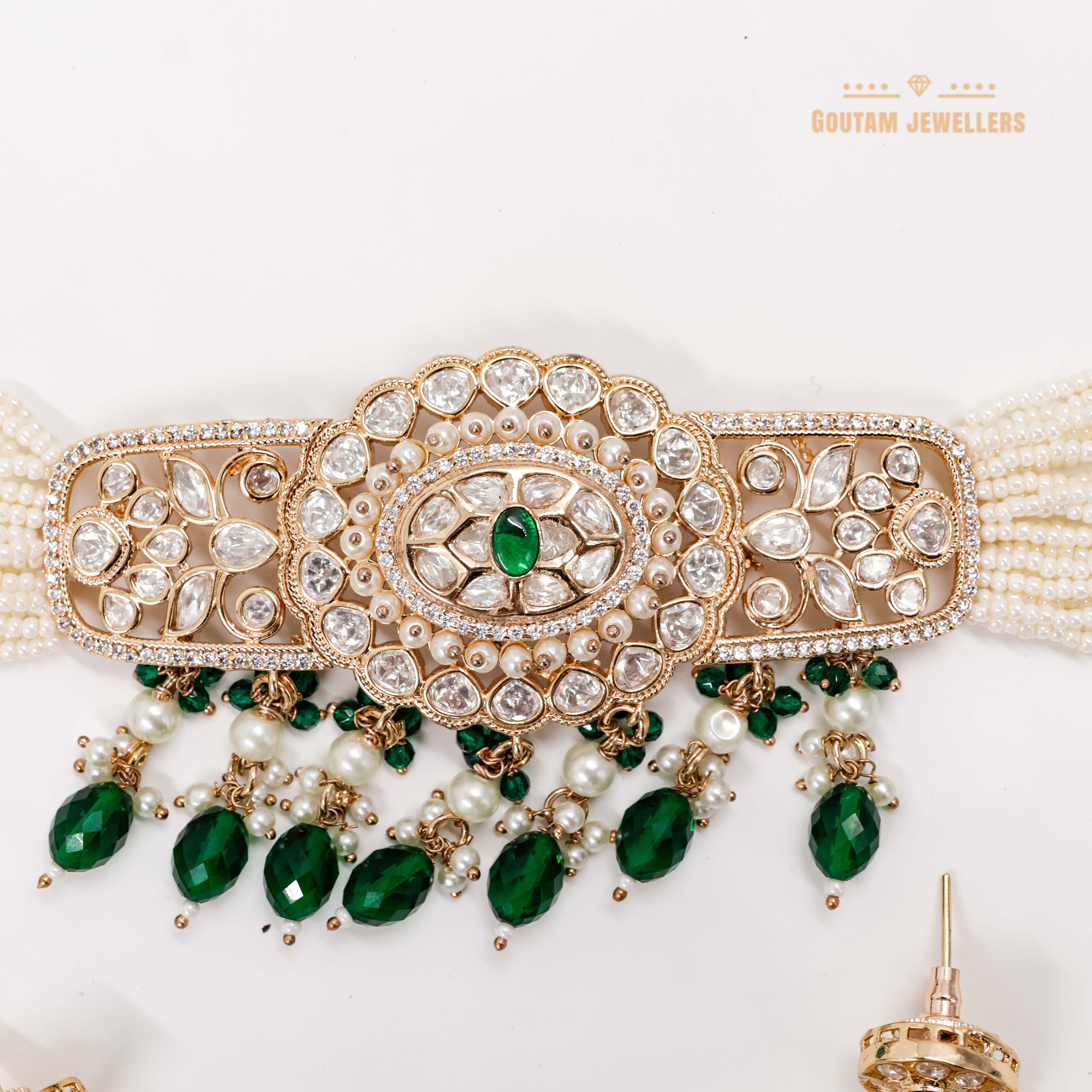 Goutam Jewellers By Ashok Rathod - Geen Color Polki Kundan Choker Set with Tika