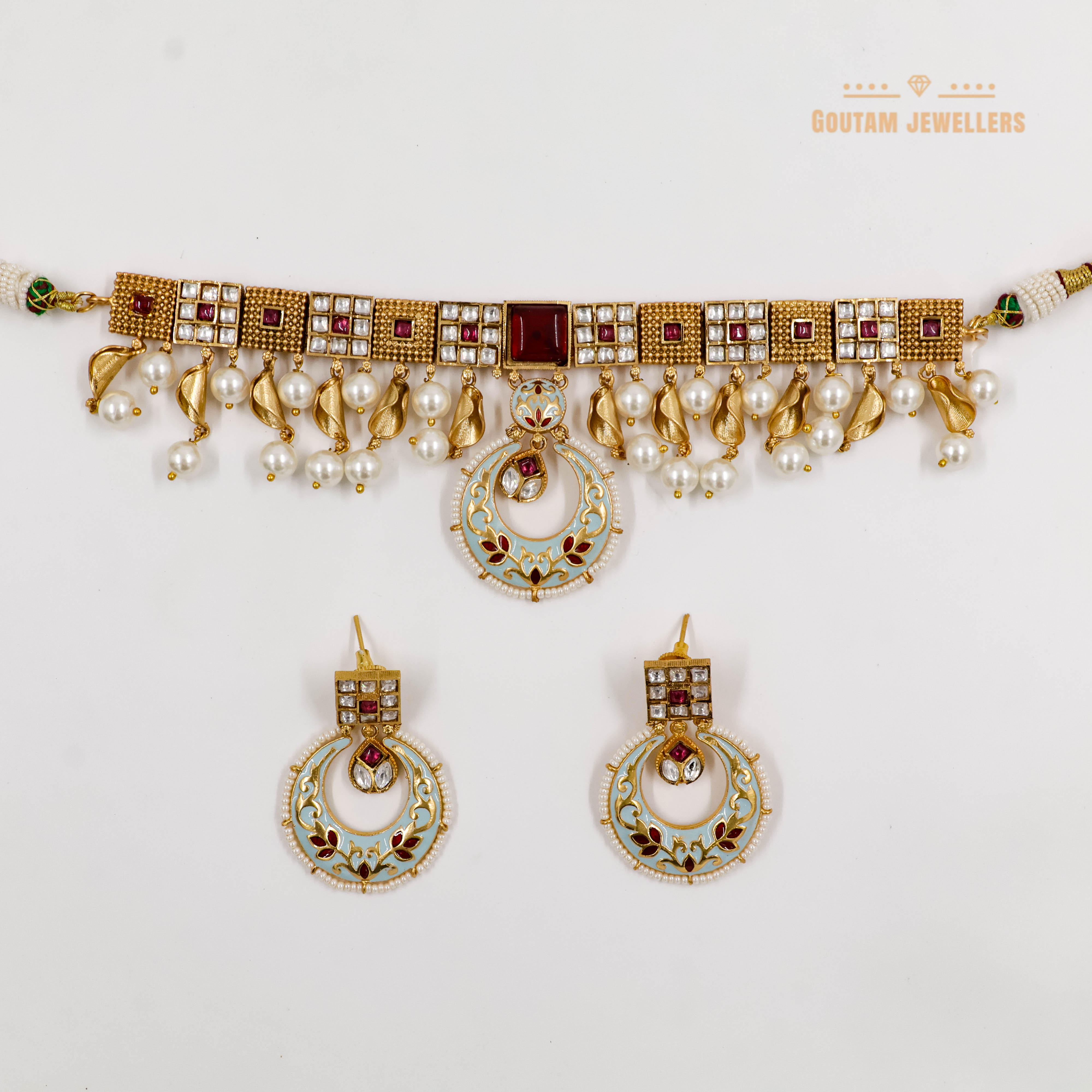 Goutam Jewellers By Ashok Rathod - Rajwaadi Kundan Blue Color Choker Set