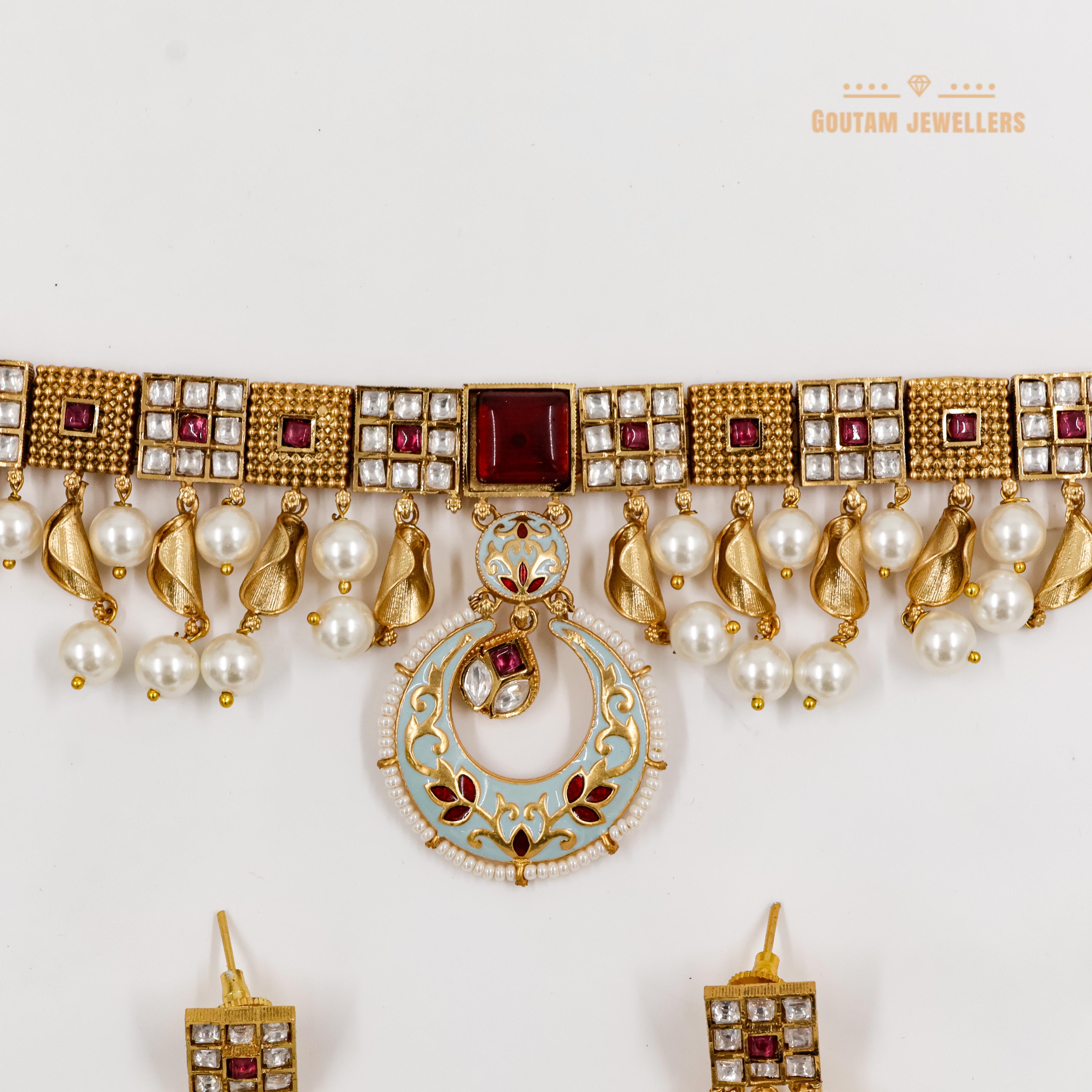 Goutam Jewellers By Ashok Rathod - Rajwaadi Kundan Blue Color Choker Set