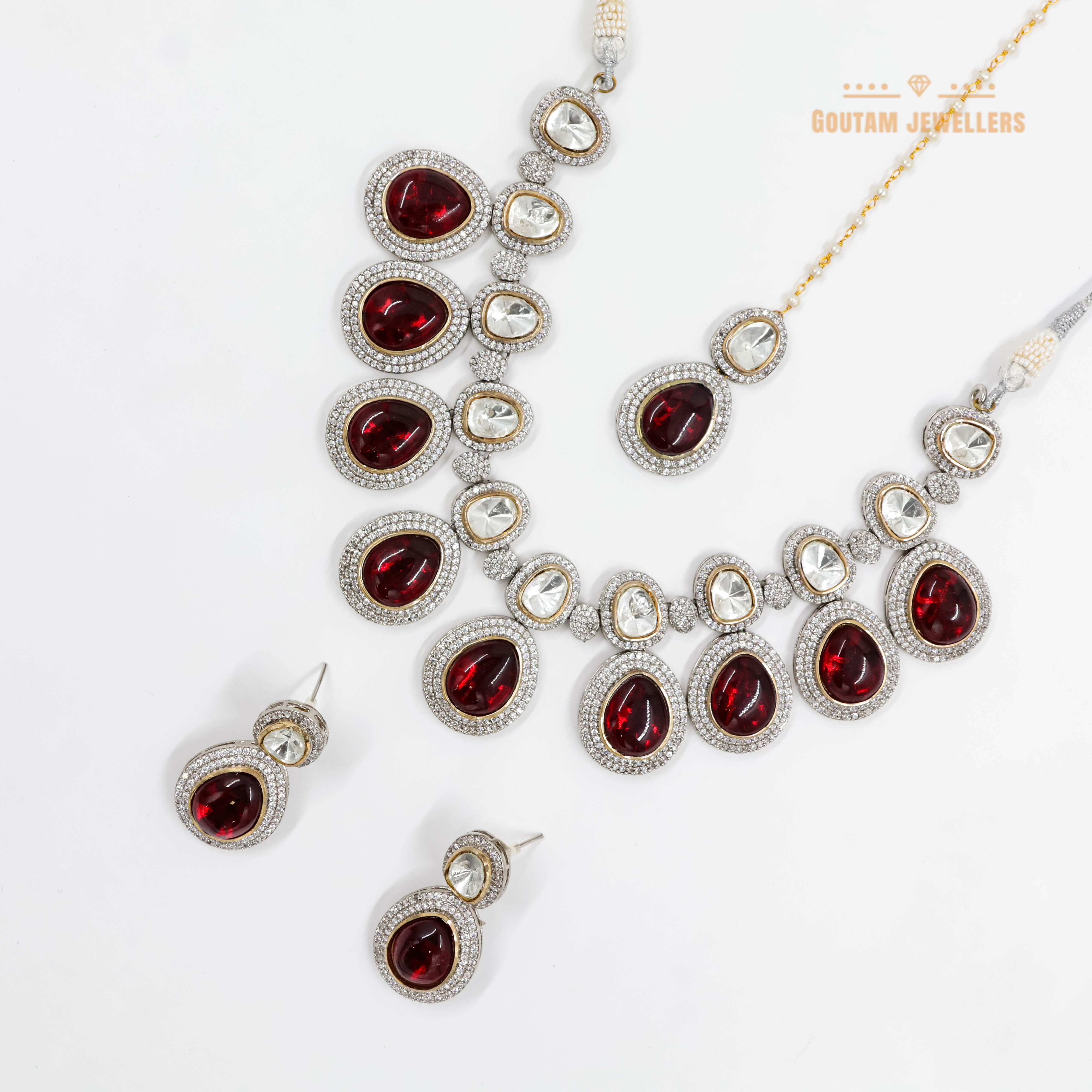 Goutam Jewellers By Ashok Rathod - Silver Polish Ruby Moissanite Necklace Set