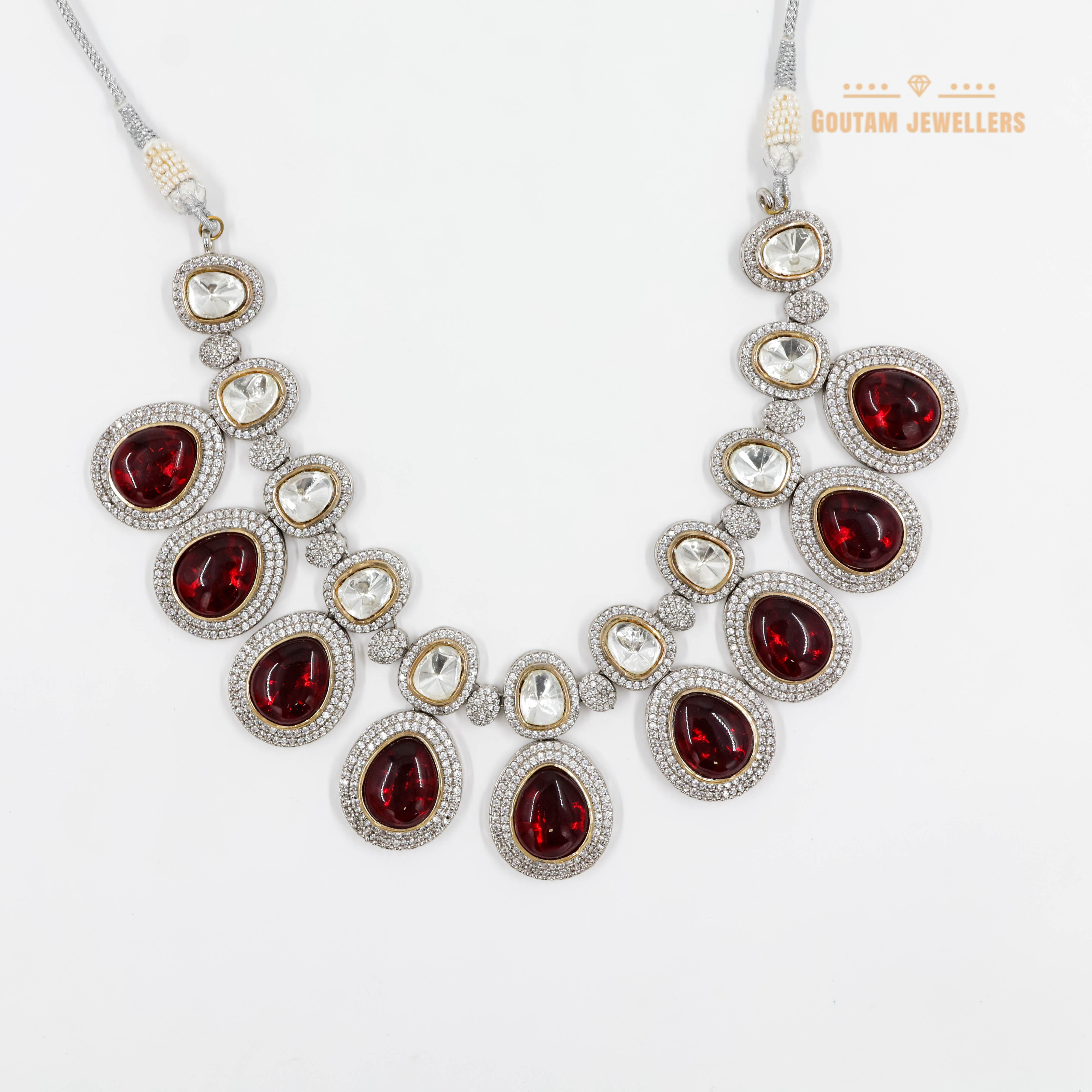 Goutam Jewellers By Ashok Rathod - Silver Polish Ruby Moissanite Necklace Set