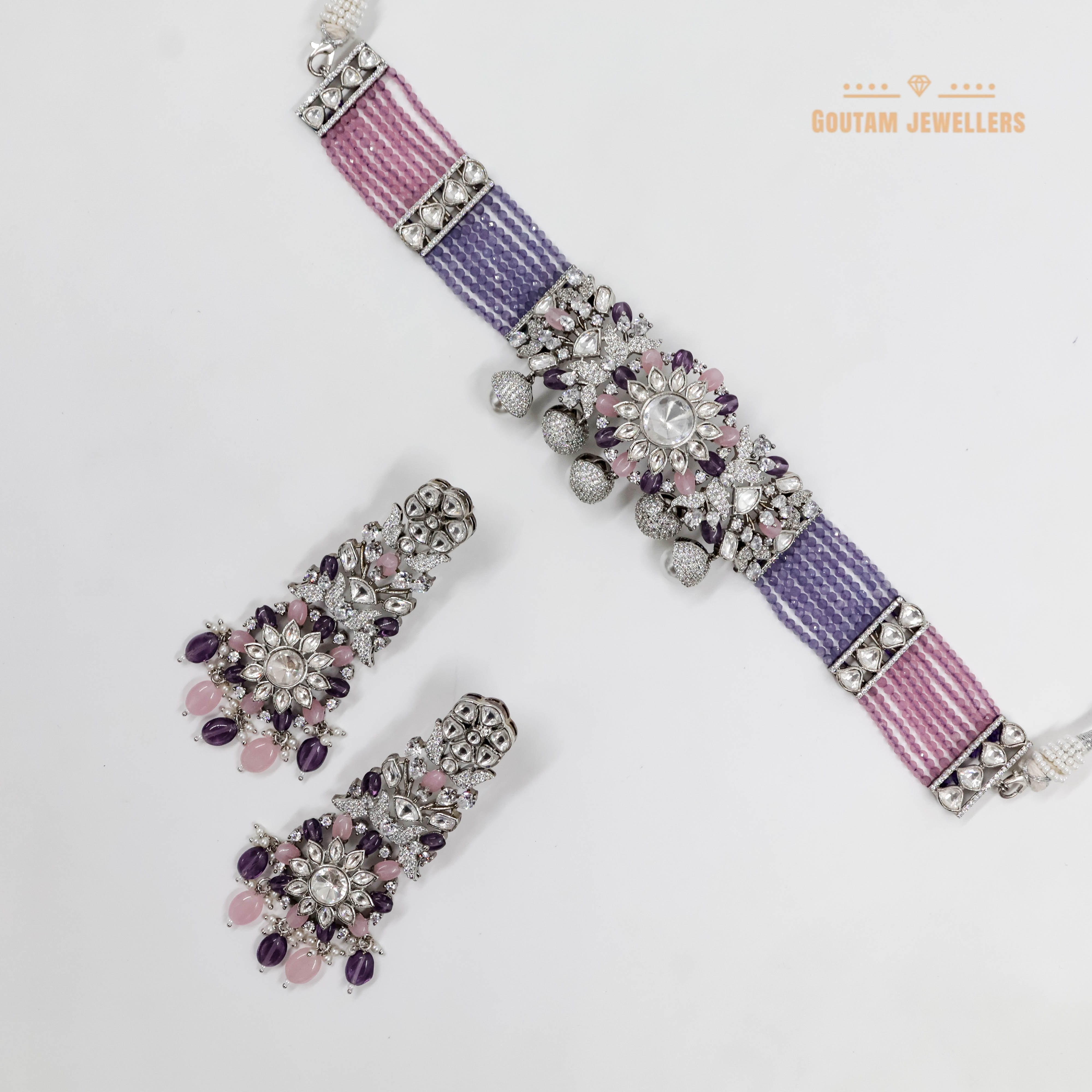 Goutam Jewellers By Ashok Rathod - Pihu Fusion Lavender Color CZ Designer Necklace Set