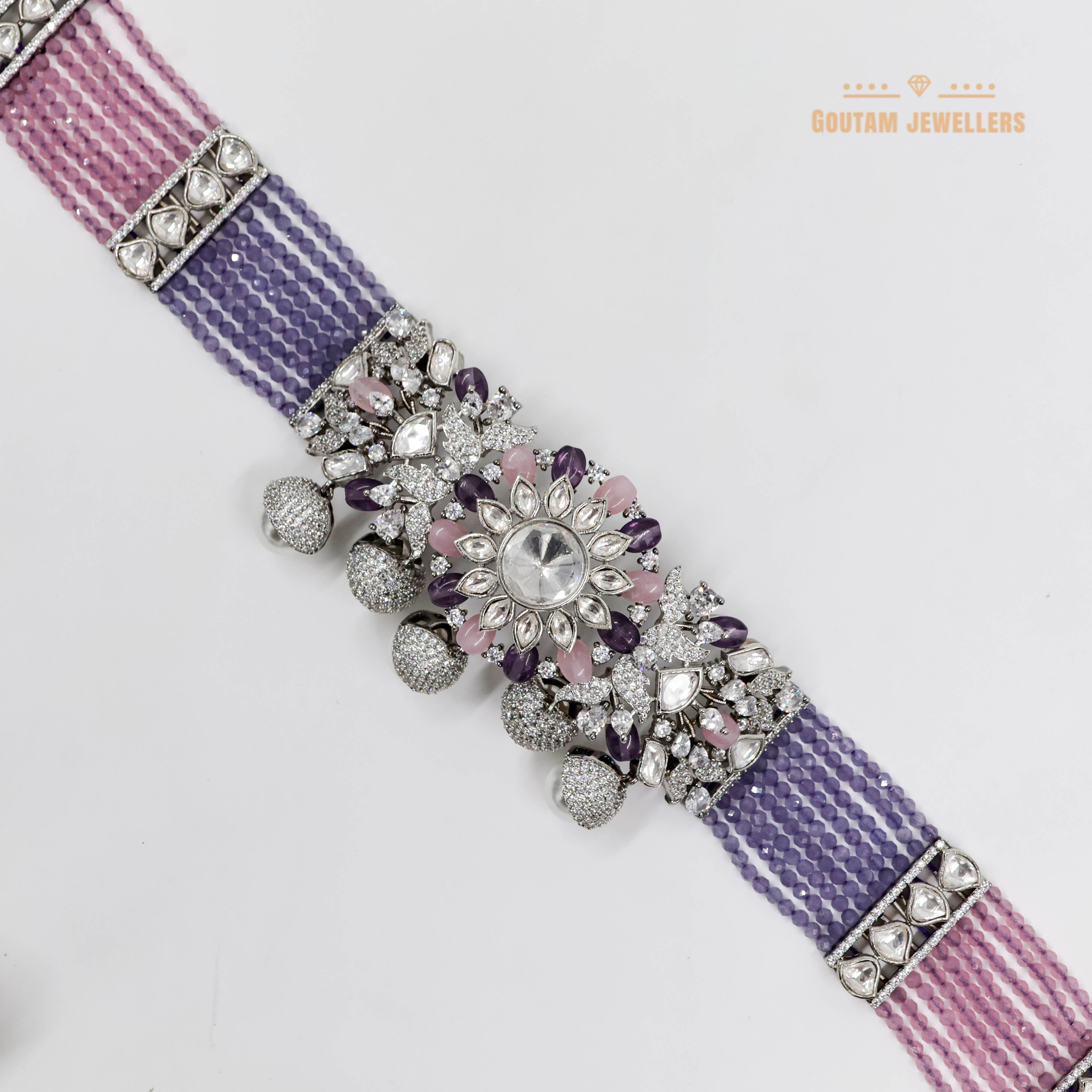 Goutam Jewellers By Ashok Rathod - Pihu Fusion Lavender Color CZ Designer Necklace Set