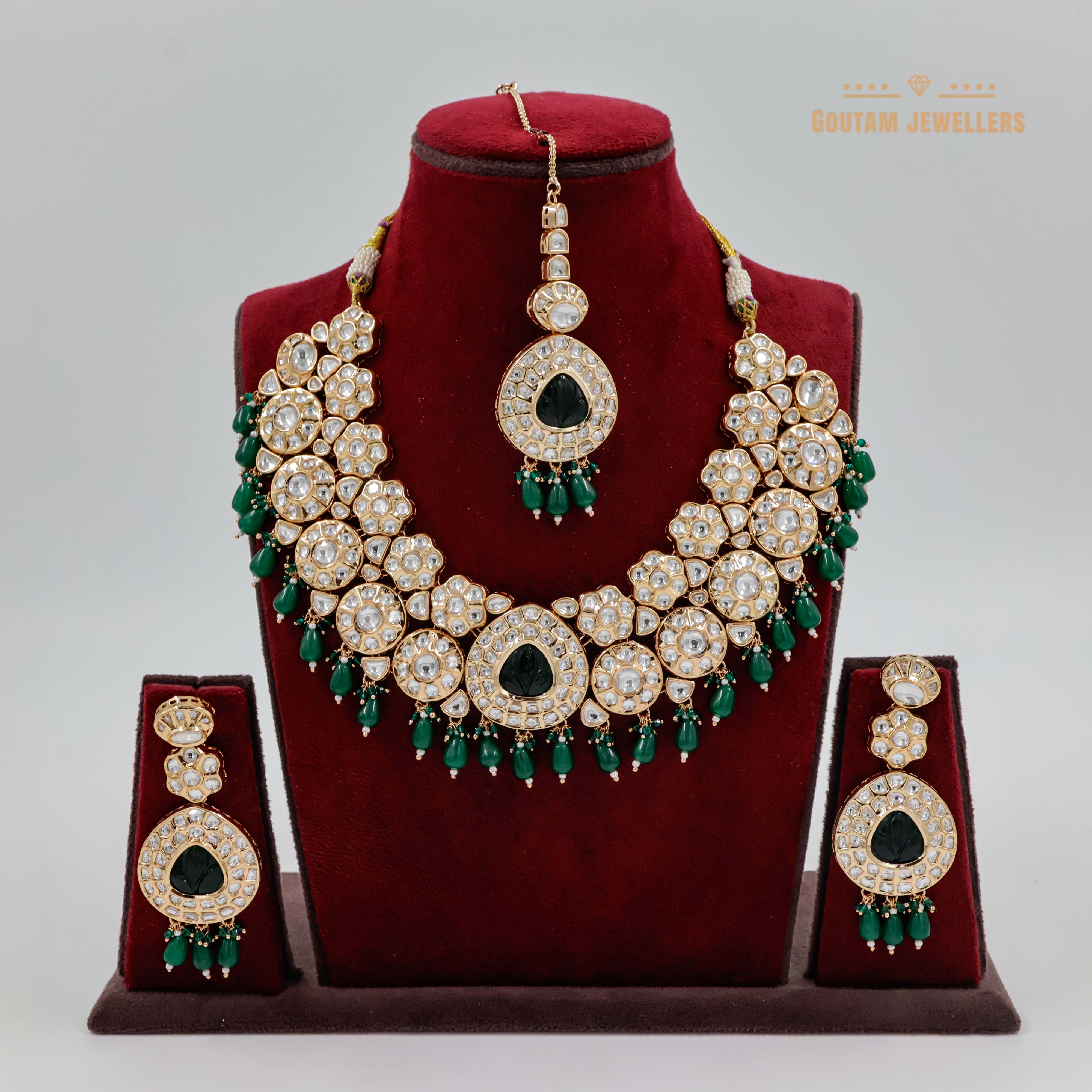 Goutam Jewellers By Ashok Rathod - Briadal Heavy Green Color Moissanite Kundan Set