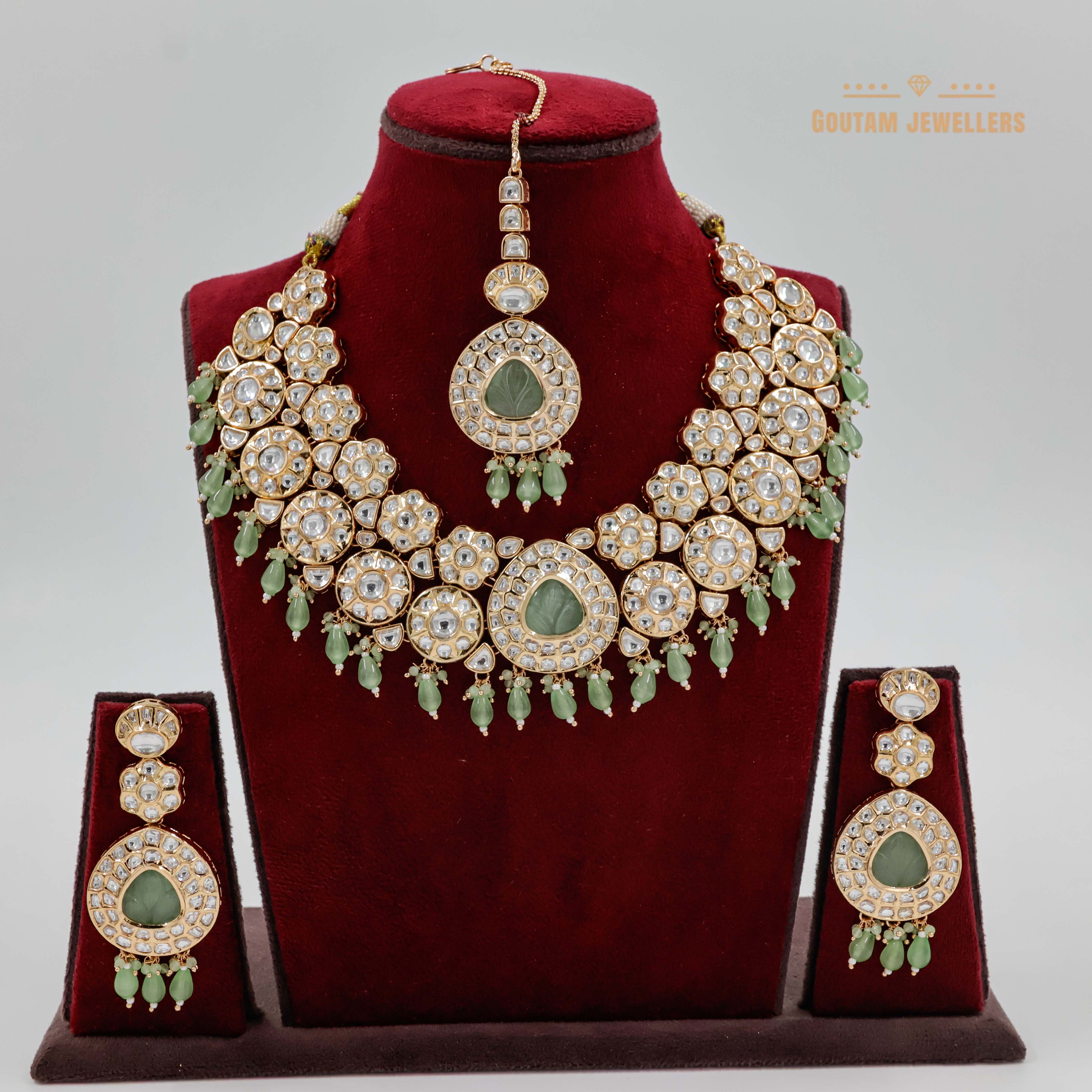 Goutam Jewellers By Ashok Rathod - Briadal Heavy Pastel Green Color Moissanite Kundan Set