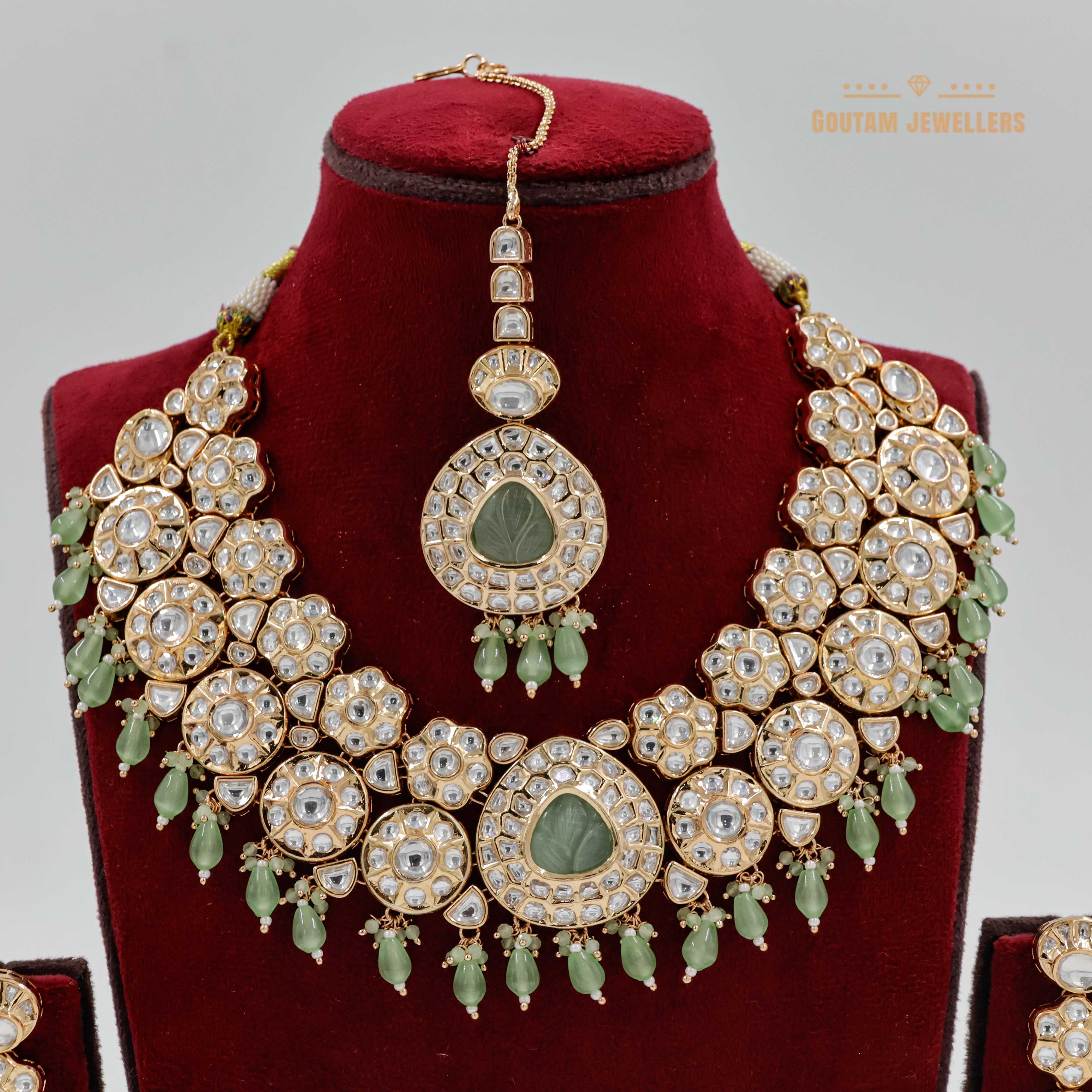 Goutam Jewellers By Ashok Rathod - Briadal Heavy Pastel Green Color Moissanite Kundan Set