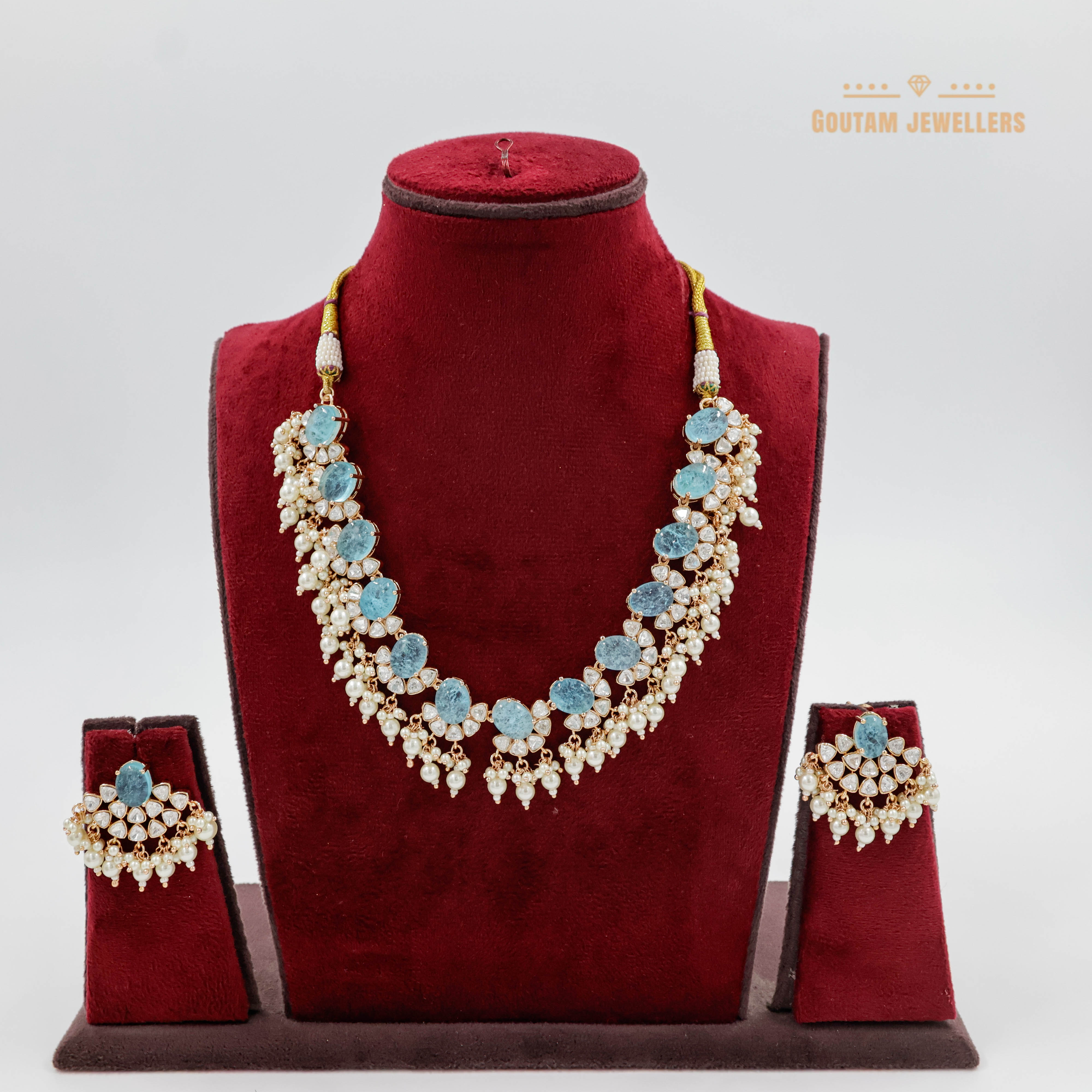 Goutam Jewellers By Ashok Rathod - Lite Bluue Color Dsigner Moissanite Kundan Set