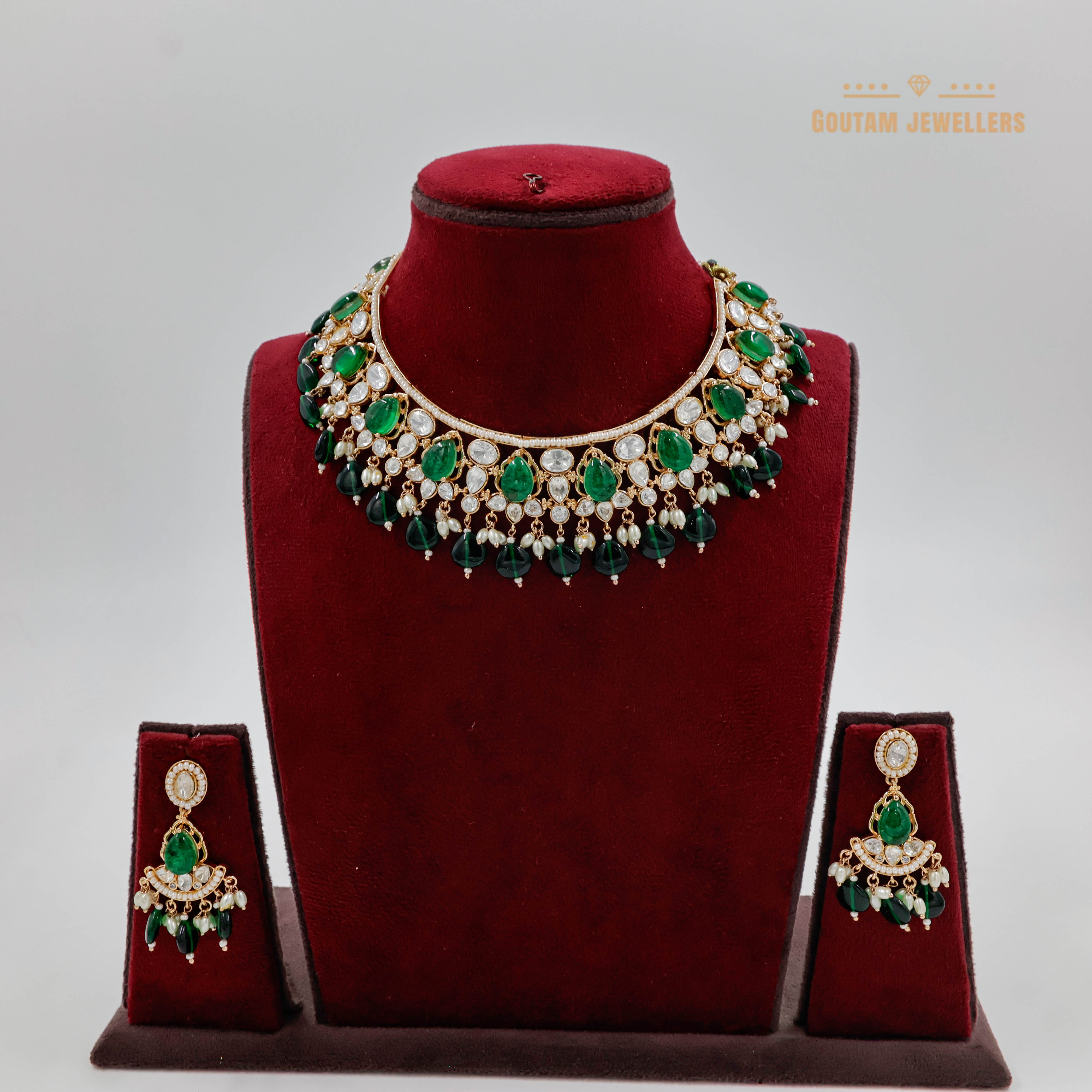 Goutam Jewellers By Ashok Rathod - Designer Green Stones Moissanite Kundan Set