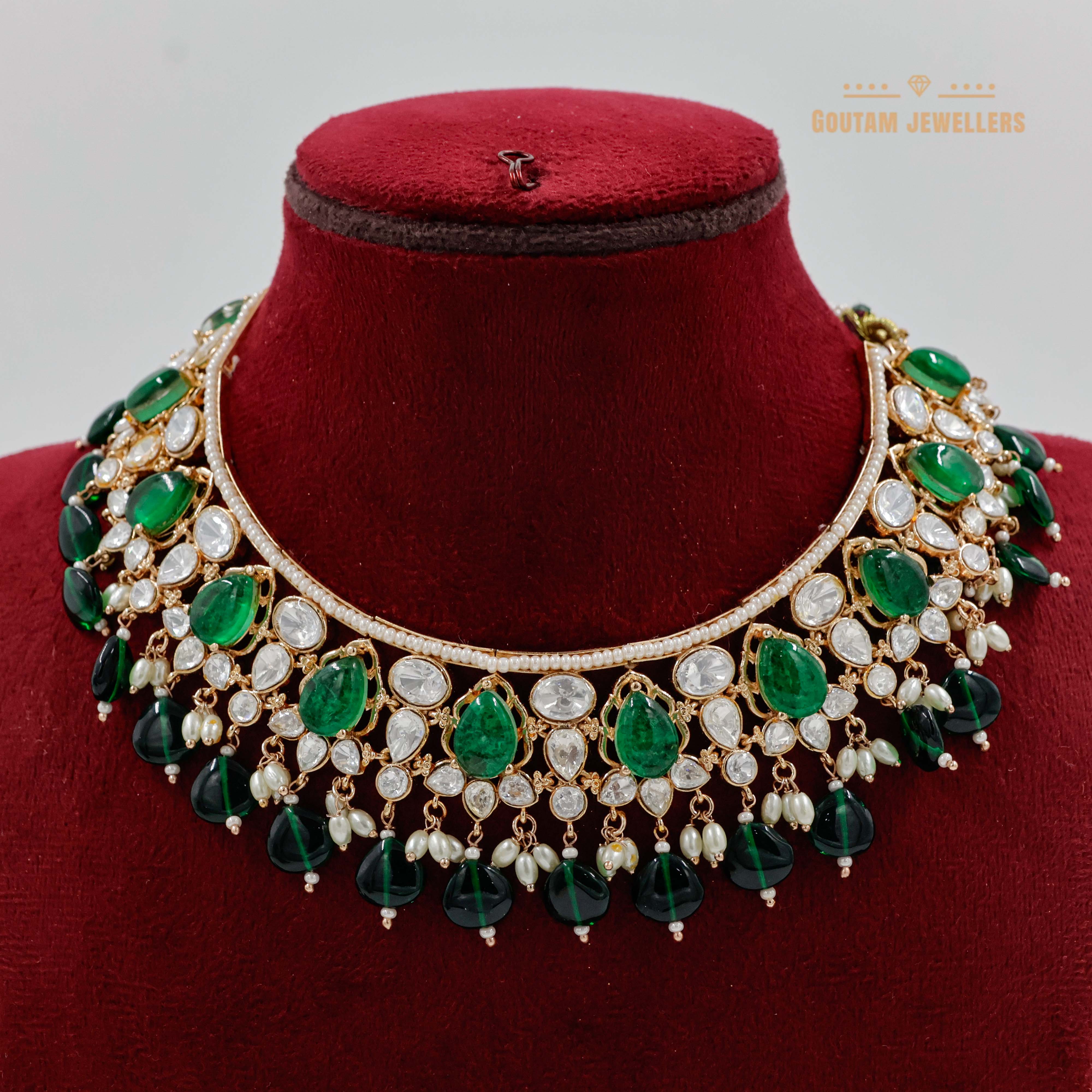 Goutam Jewellers By Ashok Rathod - Designer Green Stones Moissanite Kundan Set