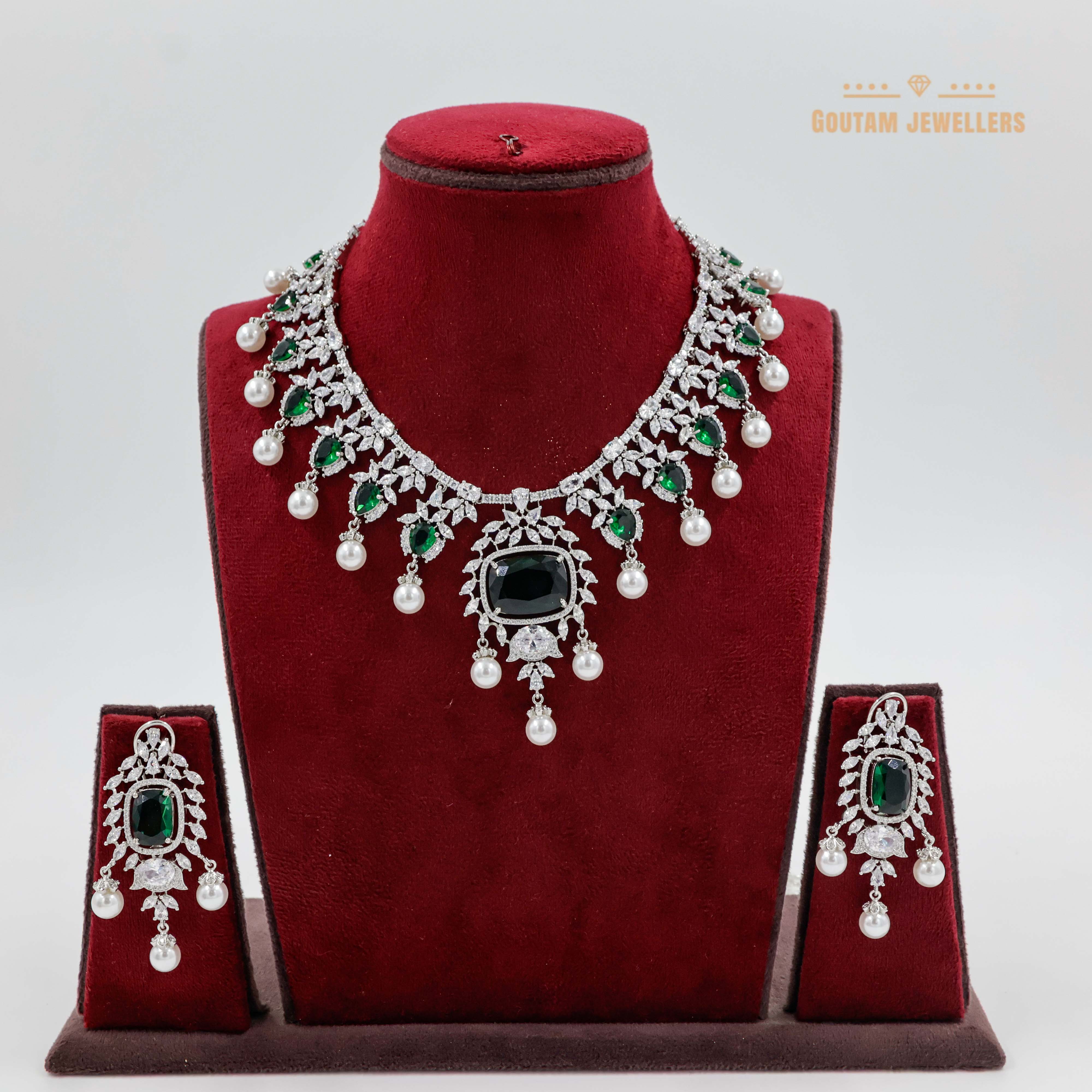 Goutam Jewellers By Ashok Rathod - Emerald Greenstone Dew Fall CZ Necklace Set