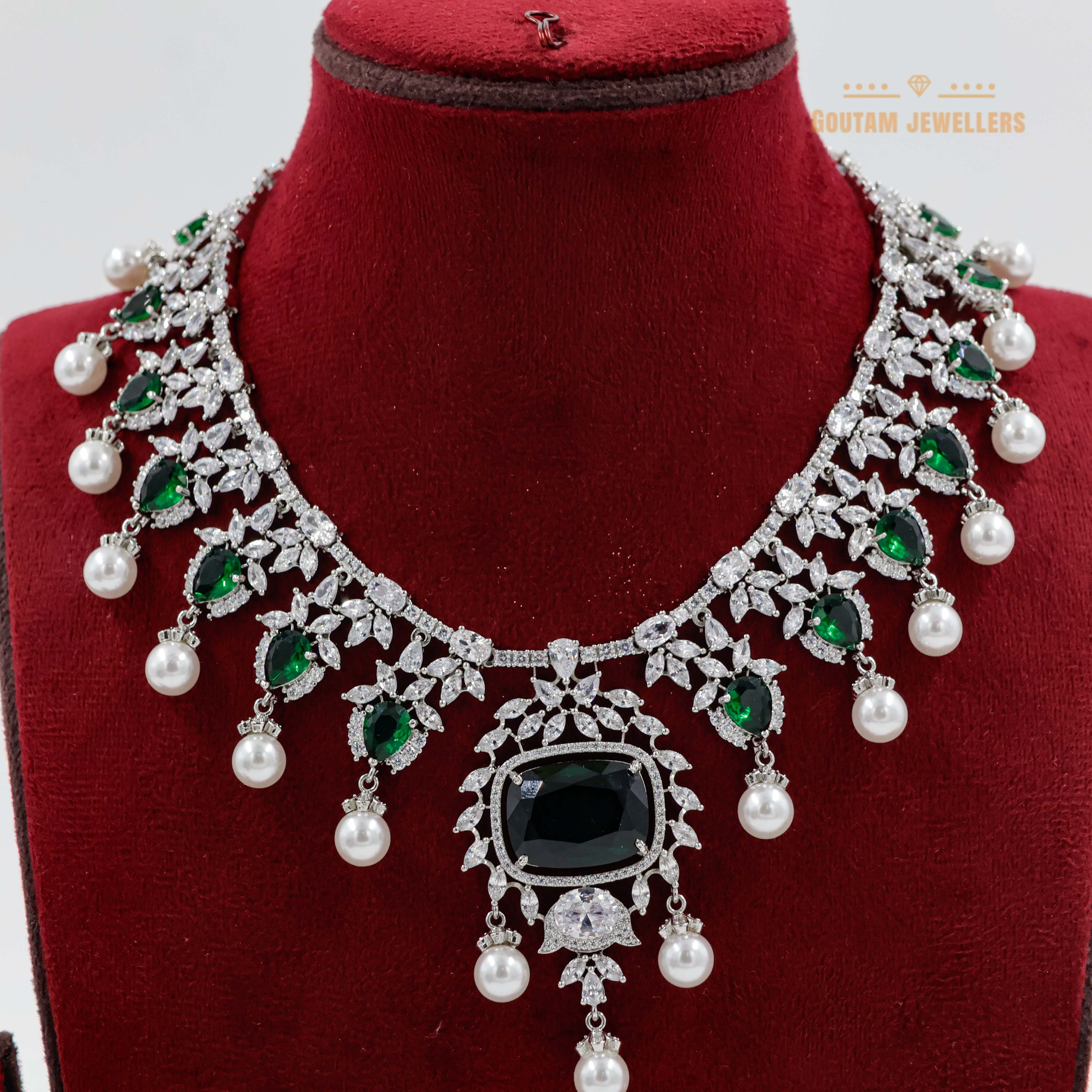 Goutam Jewellers By Ashok Rathod - Emerald Greenstone Dew Fall CZ Necklace Set