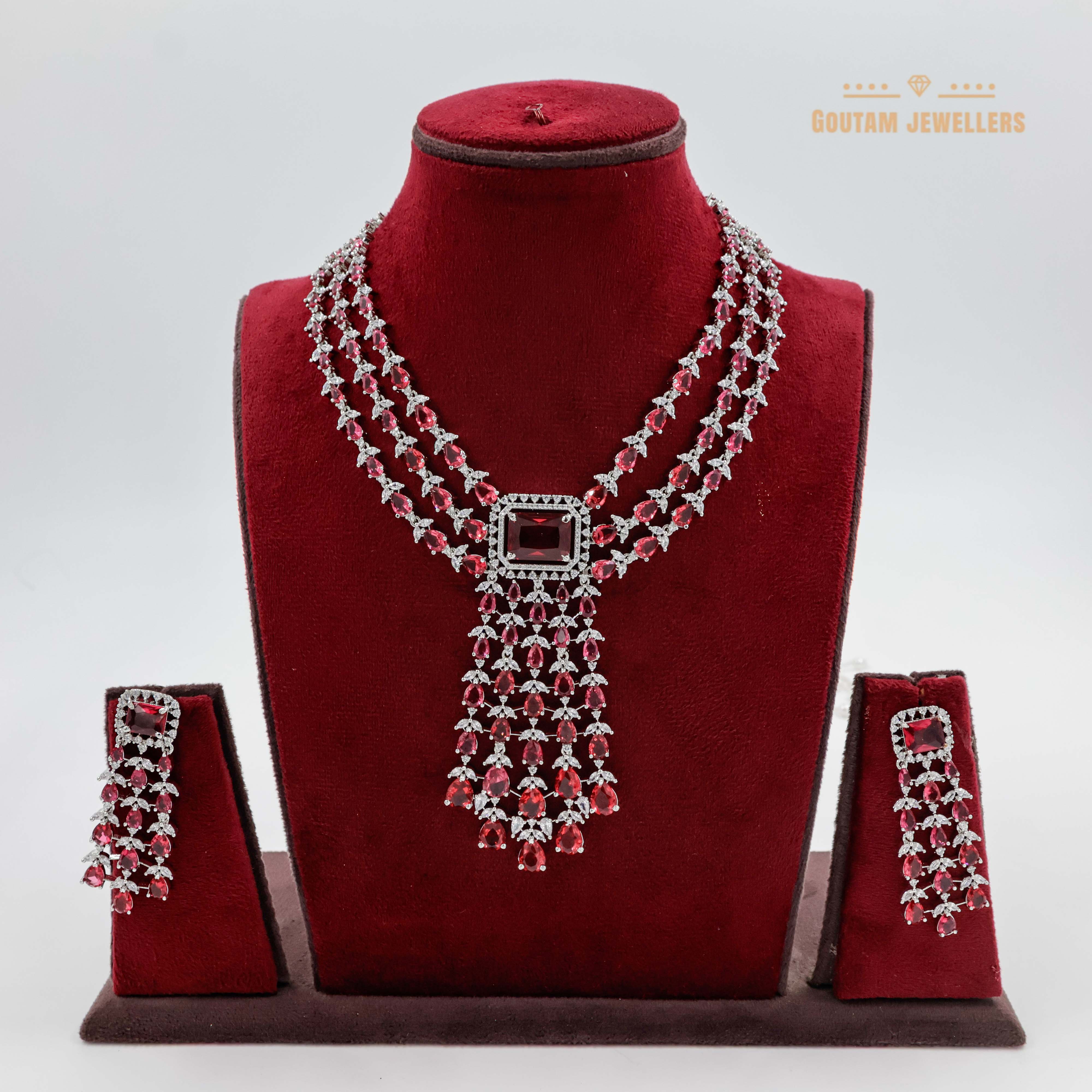 Goutam Jewellers By Ashok Rathod - Triple layeRed Ruby stone platinum CZ Necklace set
