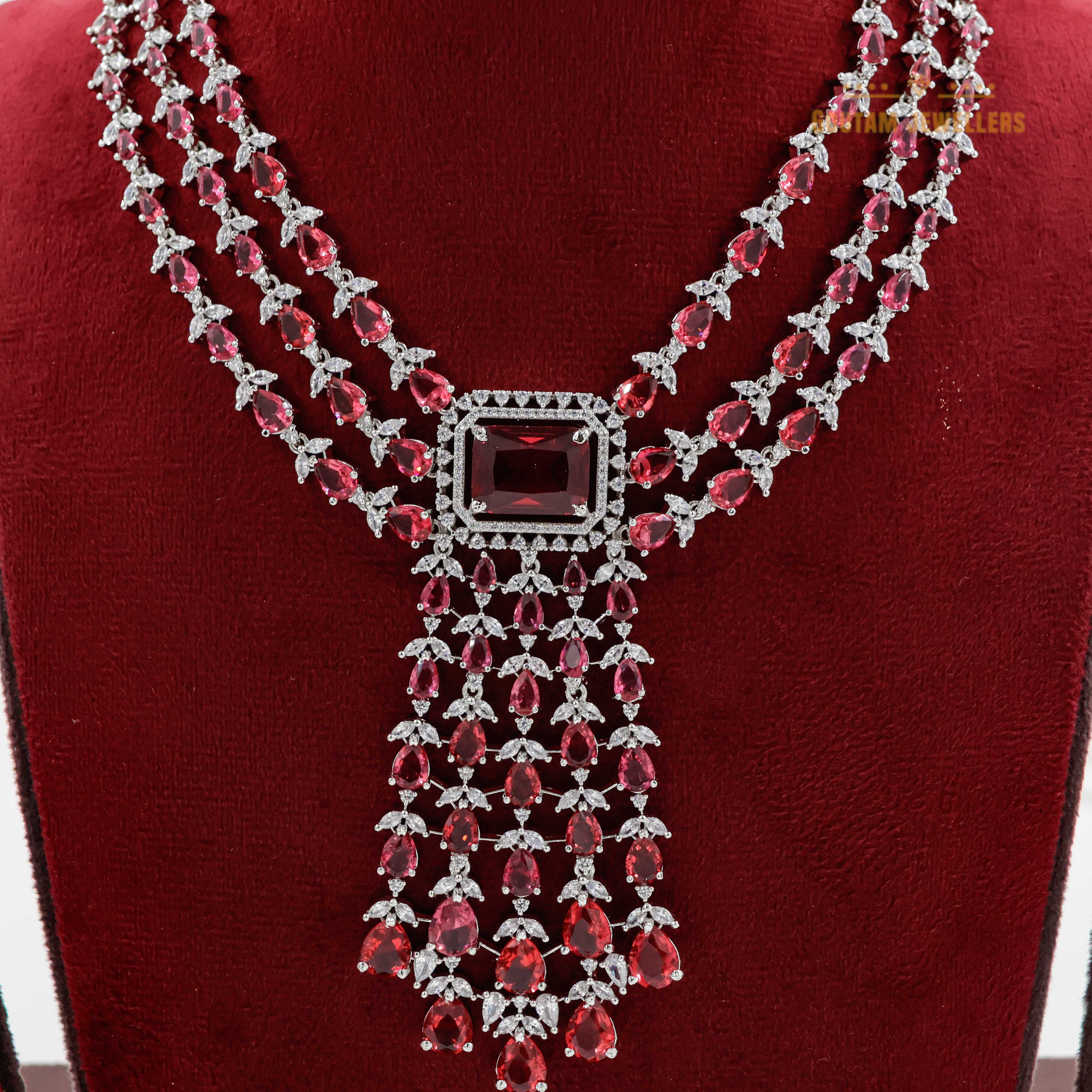 Goutam Jewellers By Ashok Rathod - Triple layeRed Ruby stone platinum CZ Necklace set