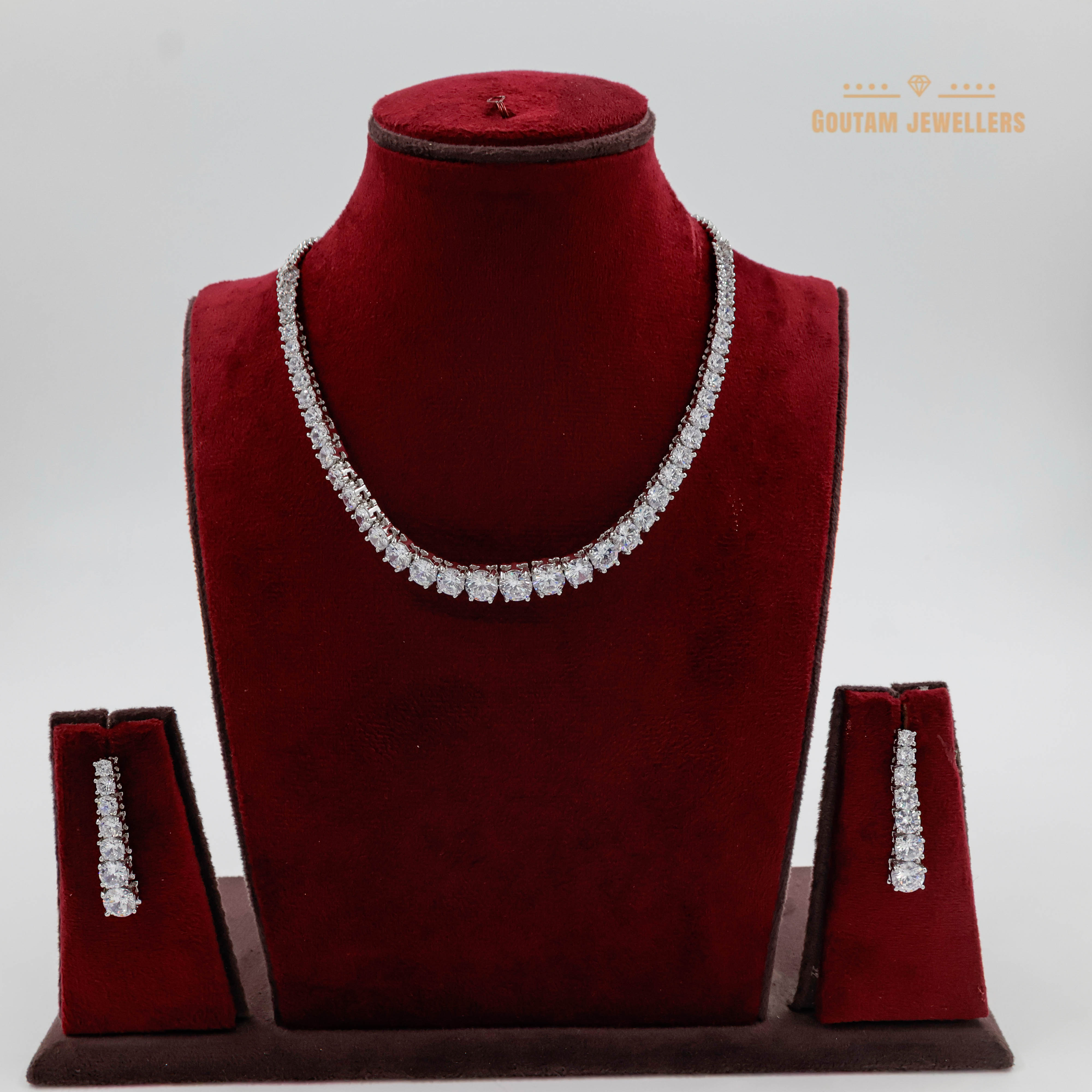 Goutam Jewellers By Ashok Rathod - Imported Silver Polish Single line Solitare Cz Necklace Set