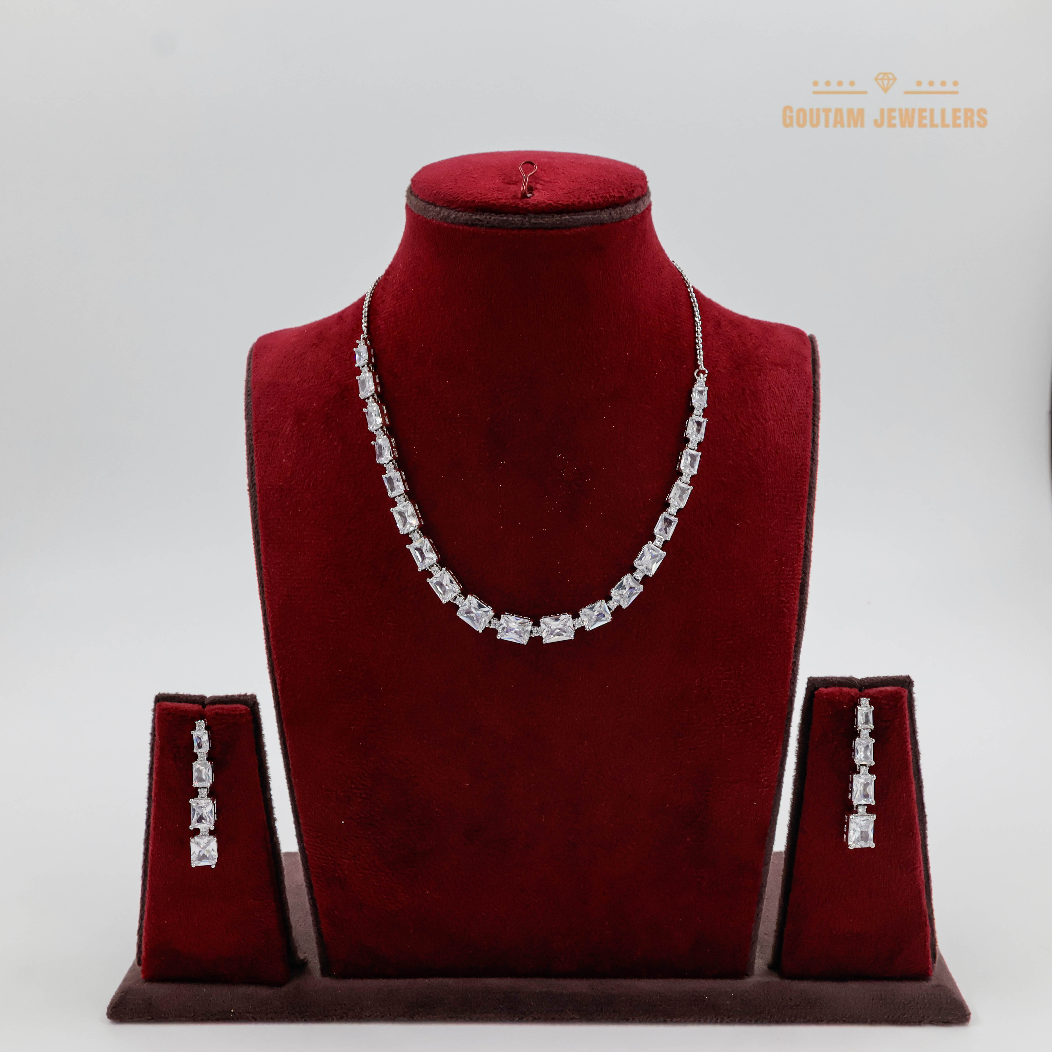 Goutam Jewellers By Ashok Rathod - Imported Square Stone Silver Polish Solitare Cz Necklace Set